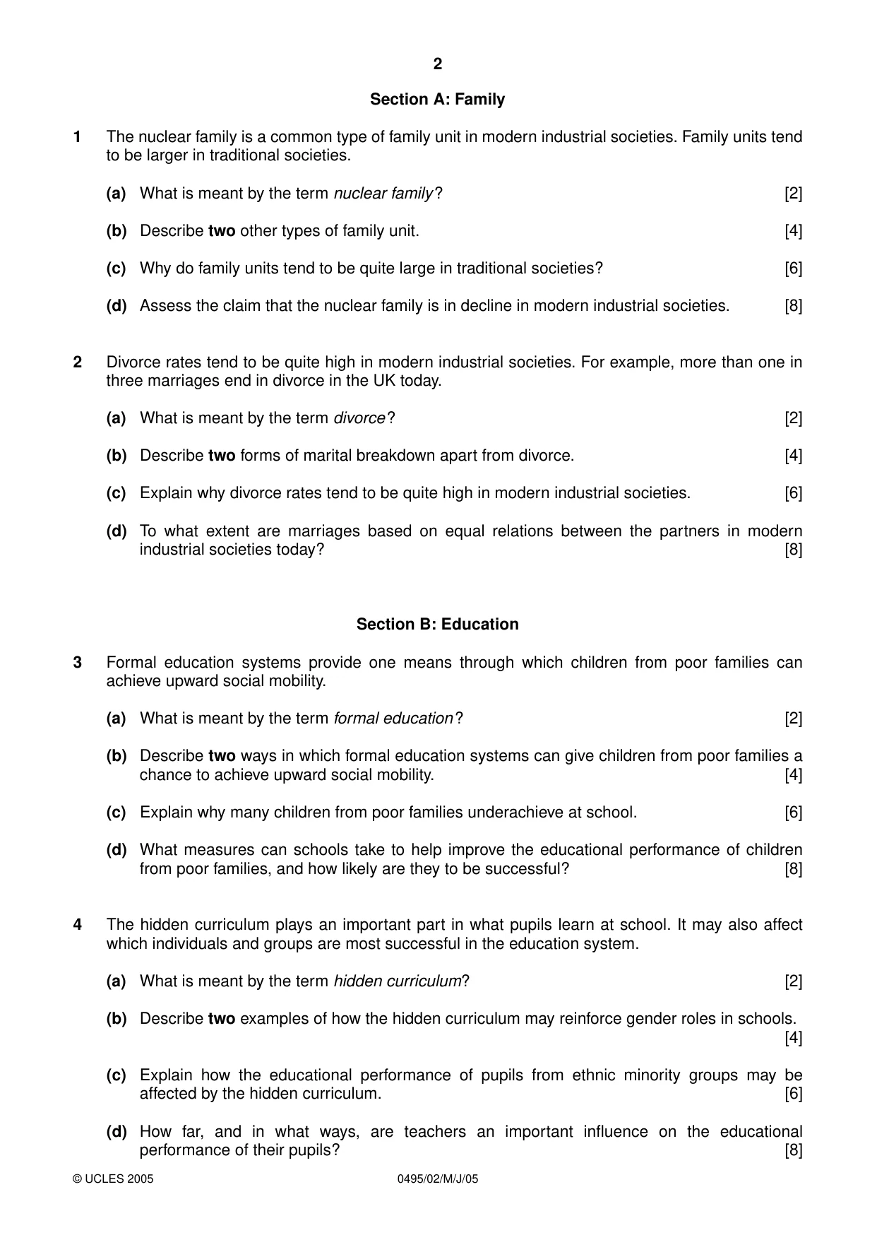Cambridge IGCSE Sociology 0495 2005 May/June Paper 2 · Variant 1 question paper, page 2 of 4