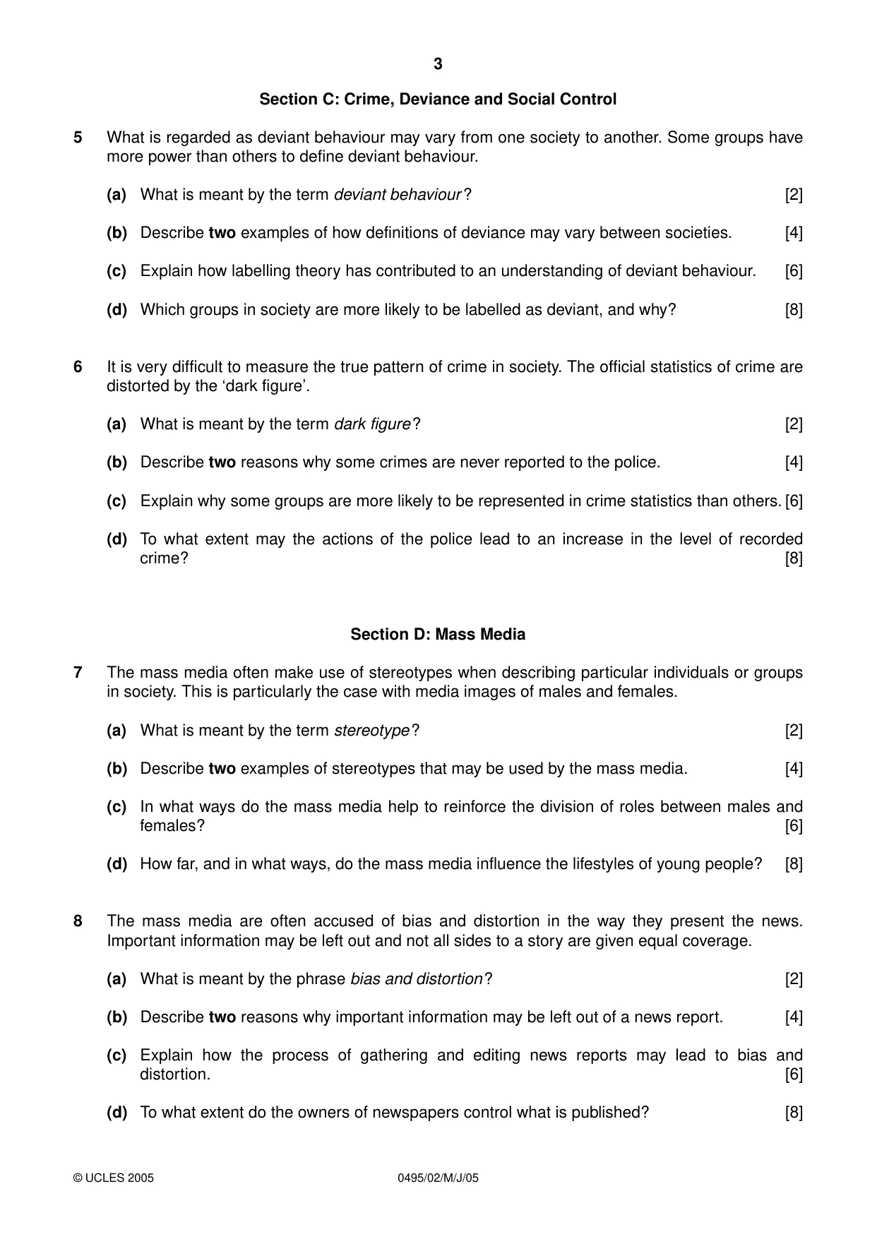 Cambridge IGCSE Sociology 0495 2005 May/June Paper 2 · Variant 1 question paper, page 3 of 4