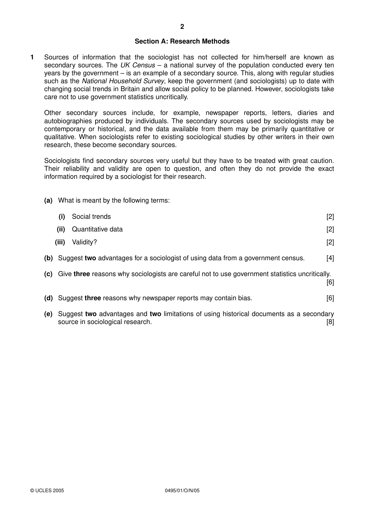 Cambridge IGCSE Sociology 0495 2005 Oct/Nov Paper 1 · Variant 1 question paper, page 2 of 4