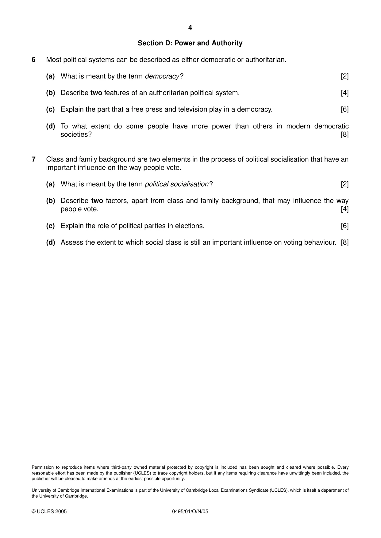 Cambridge IGCSE Sociology 0495 2005 Oct/Nov Paper 1 · Variant 1 question paper, page 4 of 4