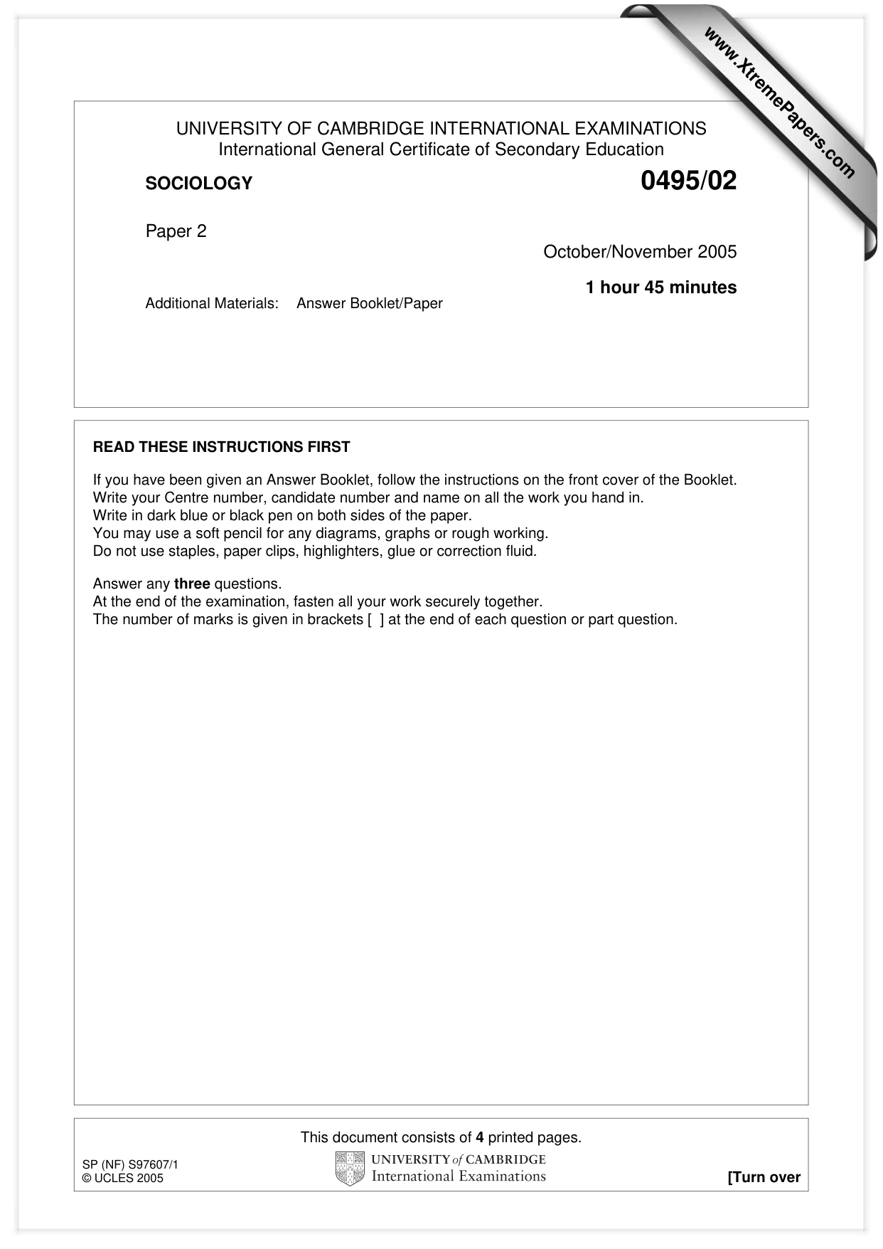 Cambridge IGCSE Sociology 0495 2005 Oct/Nov Paper 2 · Variant 1 question paper, page 1 of 4