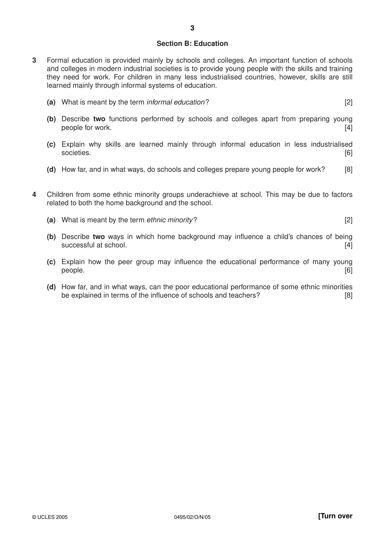 Cambridge IGCSE Sociology 0495 2005 Oct/Nov Paper 2 · Variant 1 question paper, page 3 of 4