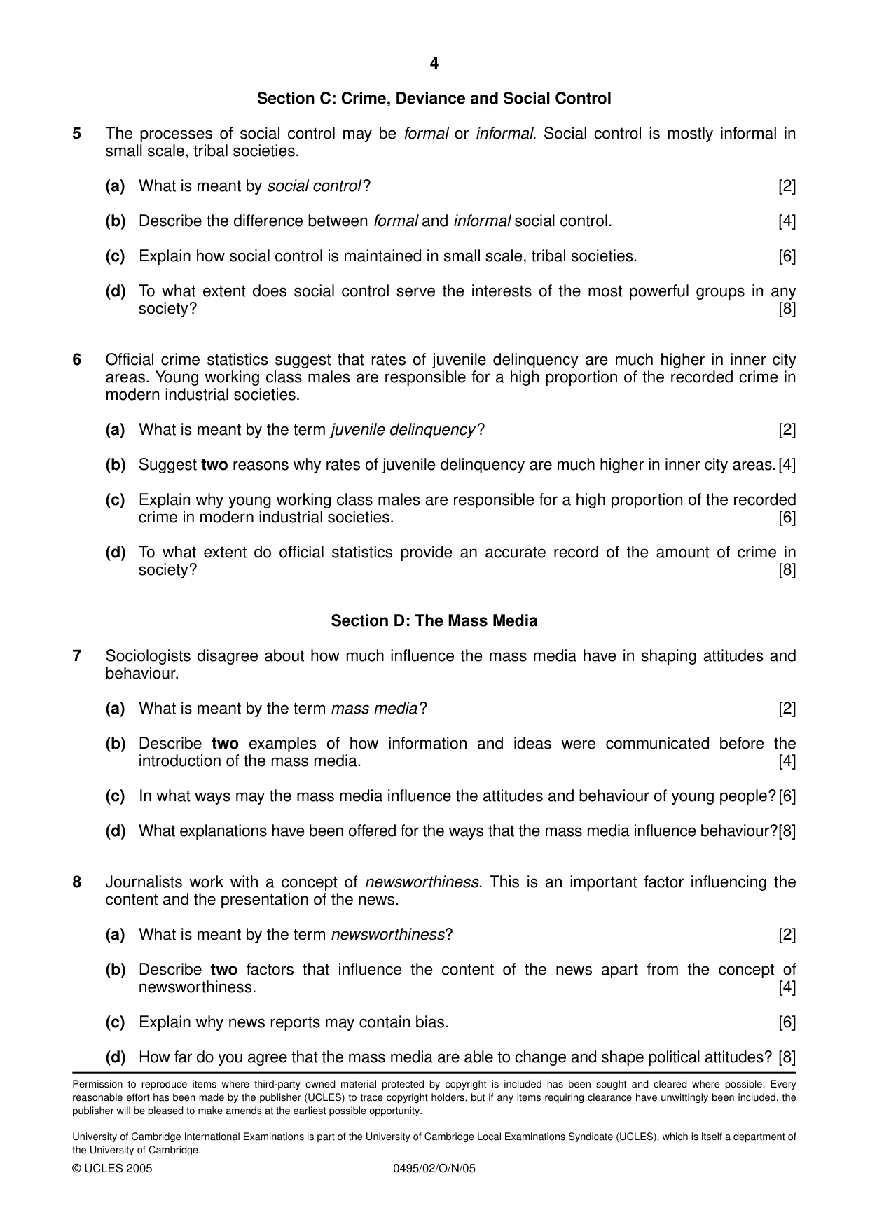 Cambridge IGCSE Sociology 0495 2005 Oct/Nov Paper 2 · Variant 1 question paper, page 4 of 4