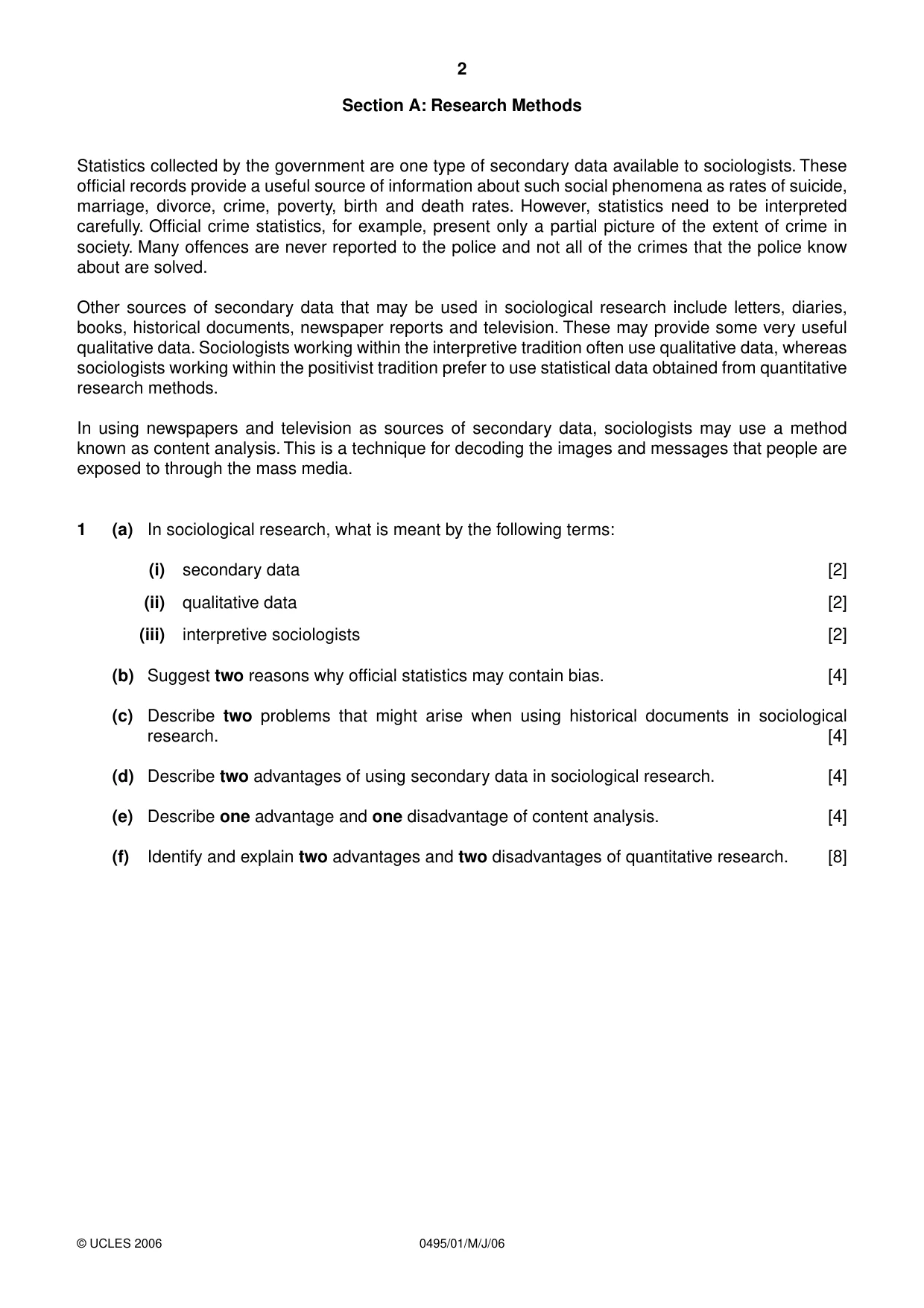 Cambridge IGCSE Sociology 0495 2006 May/June Paper 1 · Variant 1 question paper, page 2 of 4