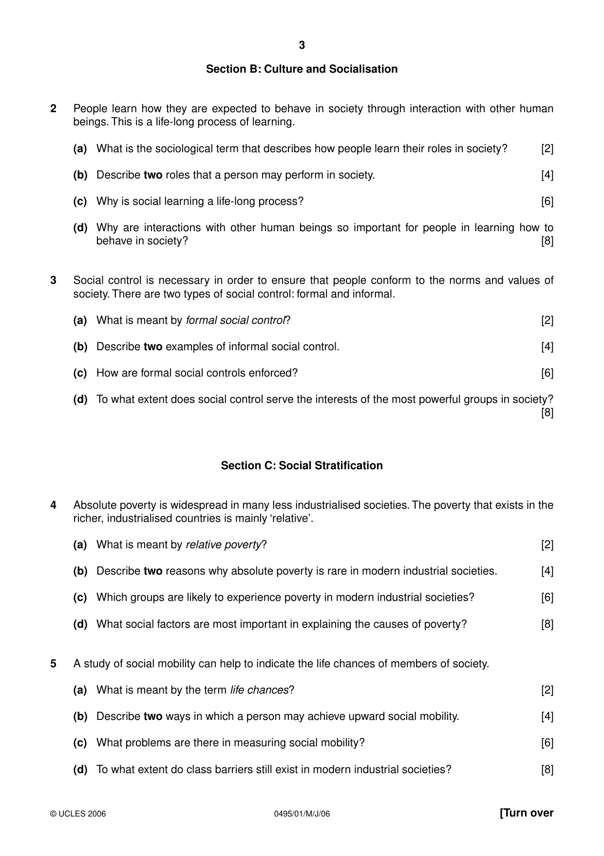 Cambridge IGCSE Sociology 0495 2006 May/June Paper 1 · Variant 1 question paper, page 3 of 4