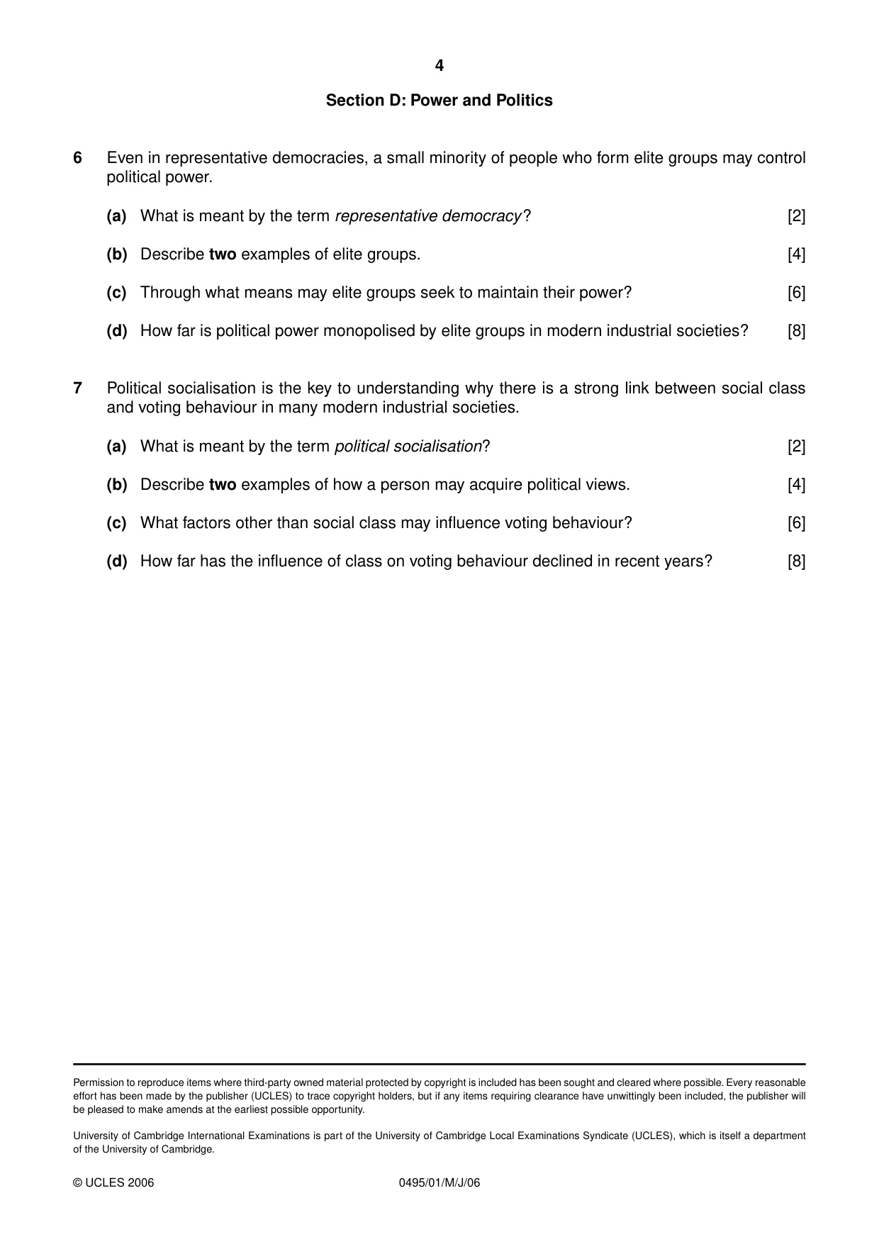 Cambridge IGCSE Sociology 0495 2006 May/June Paper 1 · Variant 1 question paper, page 4 of 4