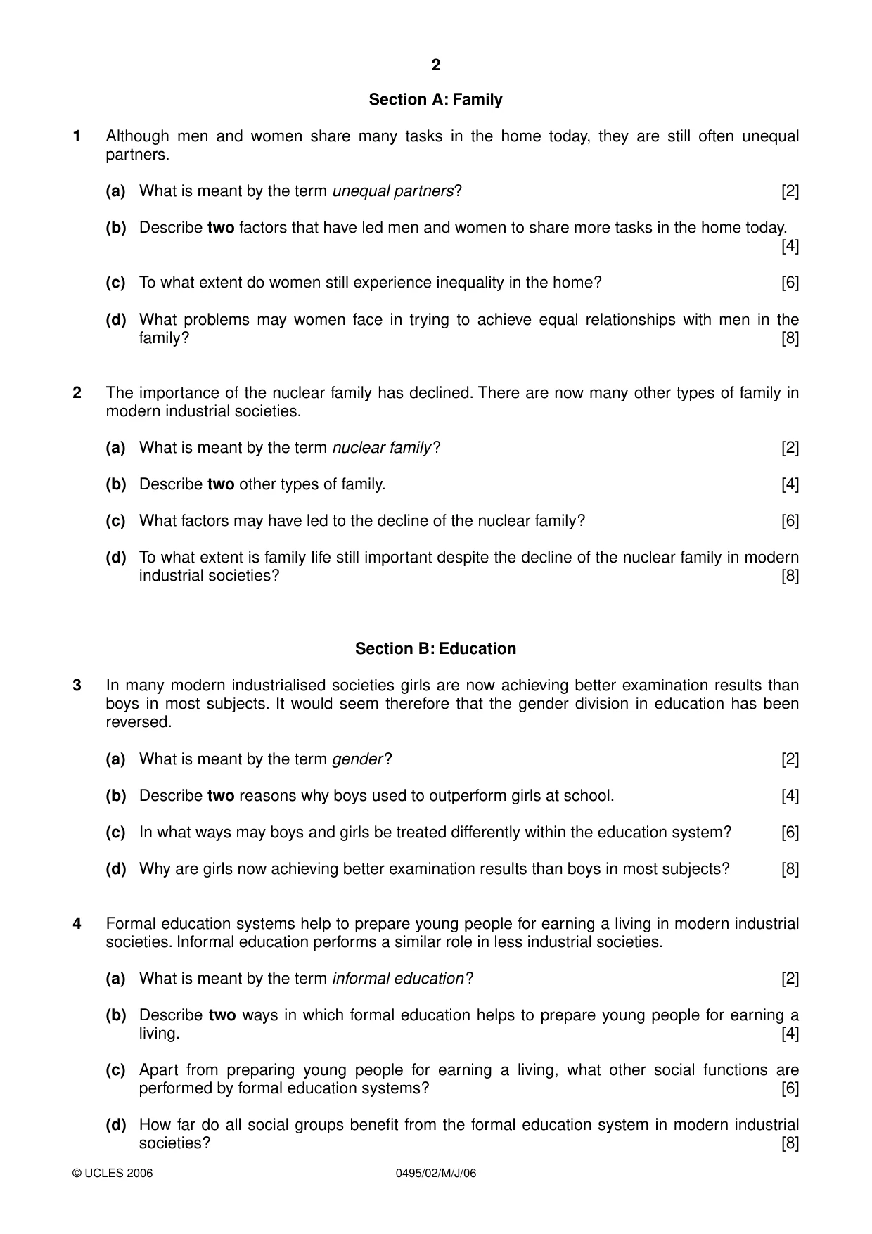 Cambridge IGCSE Sociology 0495 2006 May/June Paper 2 · Variant 1 question paper, page 2 of 4
