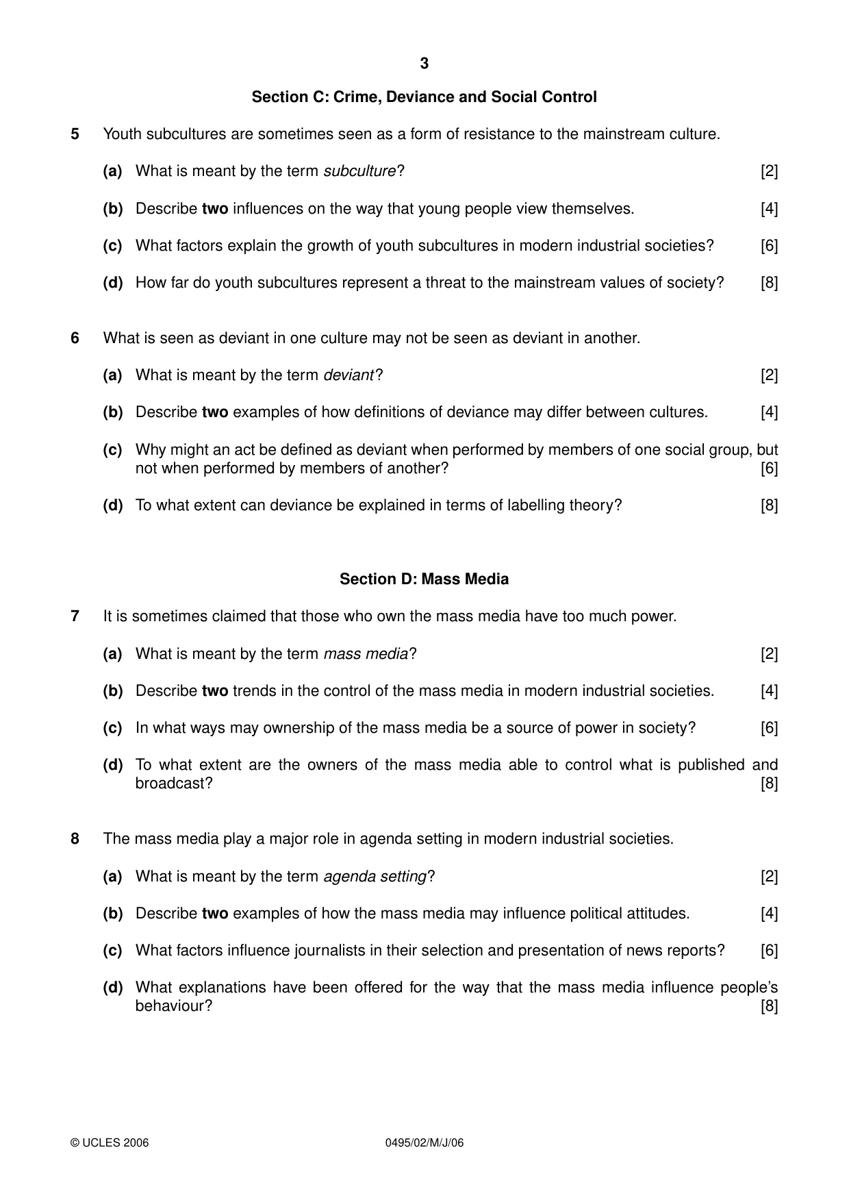 Cambridge IGCSE Sociology 0495 2006 May/June Paper 2 · Variant 1 question paper, page 3 of 4