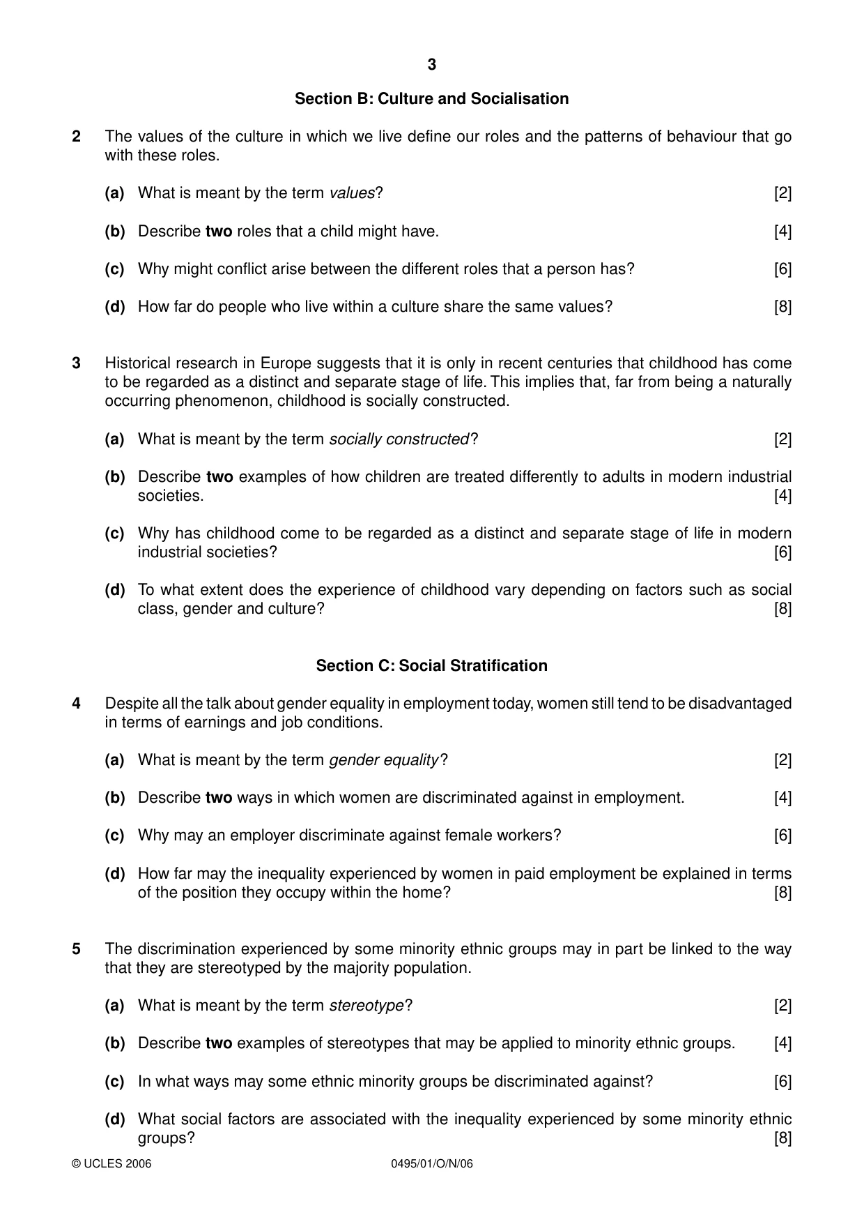 Cambridge IGCSE Sociology 0495 2006 Oct/Nov Paper 1 · Variant 1 question paper, page 3 of 4