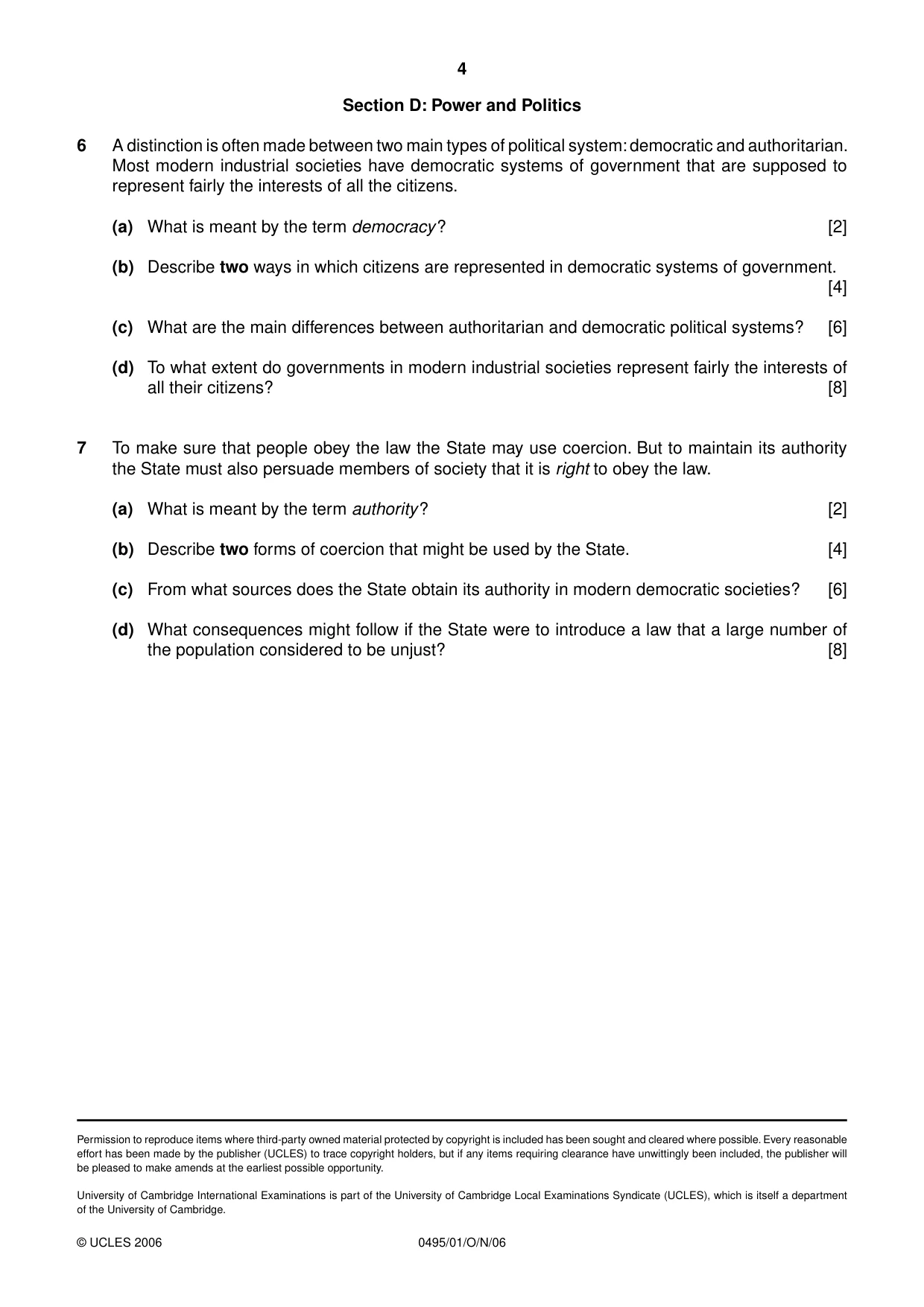 Cambridge IGCSE Sociology 0495 2006 Oct/Nov Paper 1 · Variant 1 question paper, page 4 of 4