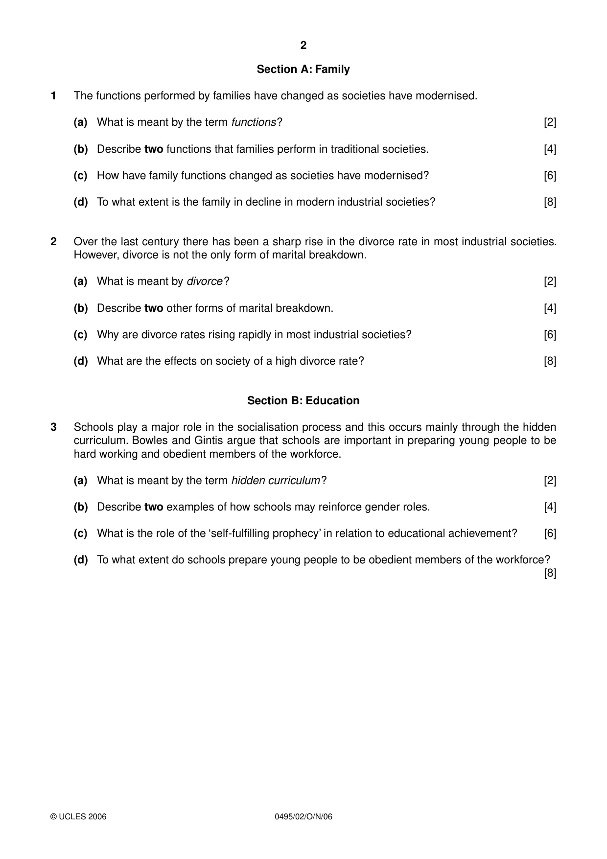 Cambridge IGCSE Sociology 0495 2006 Oct/Nov Paper 2 · Variant 1 question paper, page 2 of 4