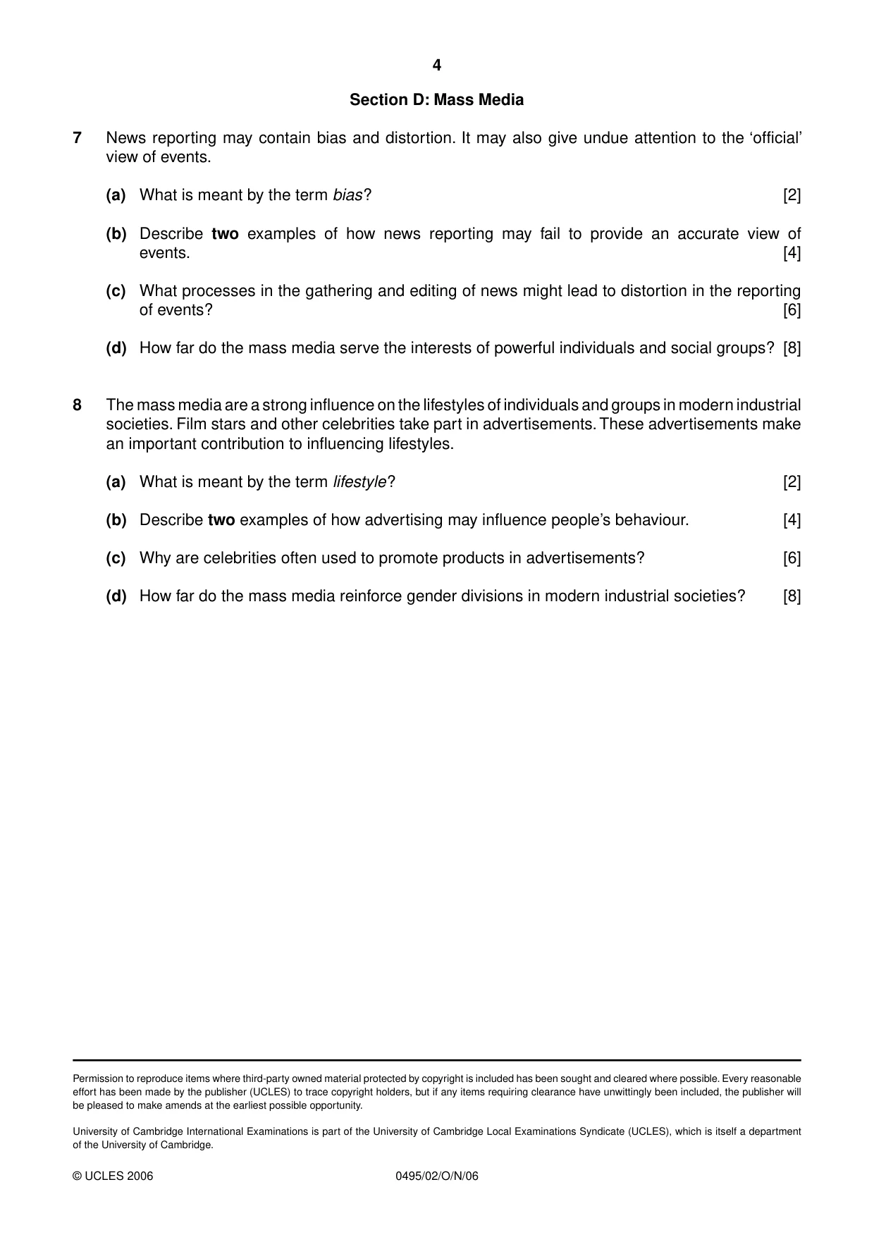 Cambridge IGCSE Sociology 0495 2006 Oct/Nov Paper 2 · Variant 1 question paper, page 4 of 4