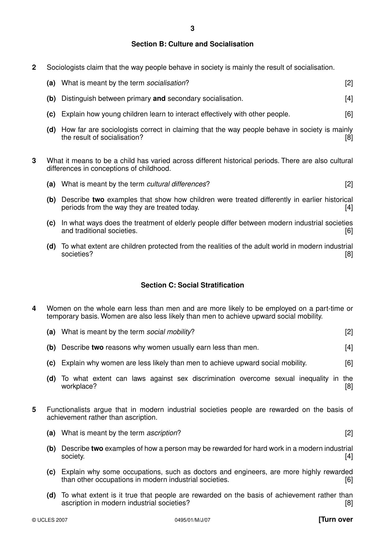 Cambridge IGCSE Sociology 0495 2007 May/June Paper 1 · Variant 1 question paper, page 3 of 4