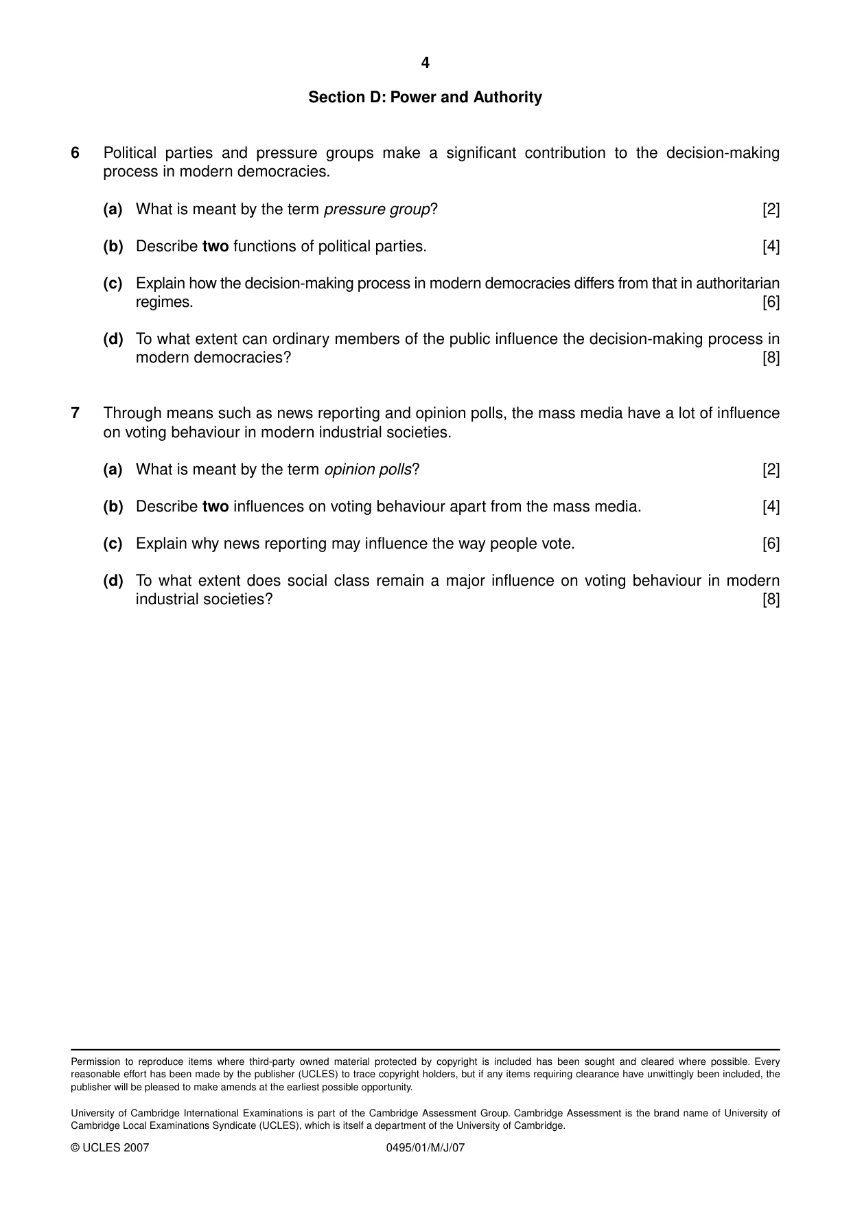 Cambridge IGCSE Sociology 0495 2007 May/June Paper 1 · Variant 1 question paper, page 4 of 4