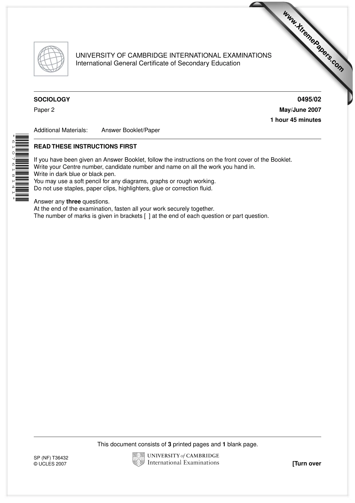 Cambridge IGCSE Sociology 0495 2007 May/June Paper 2 · Variant 1 question paper, page 1 of 4