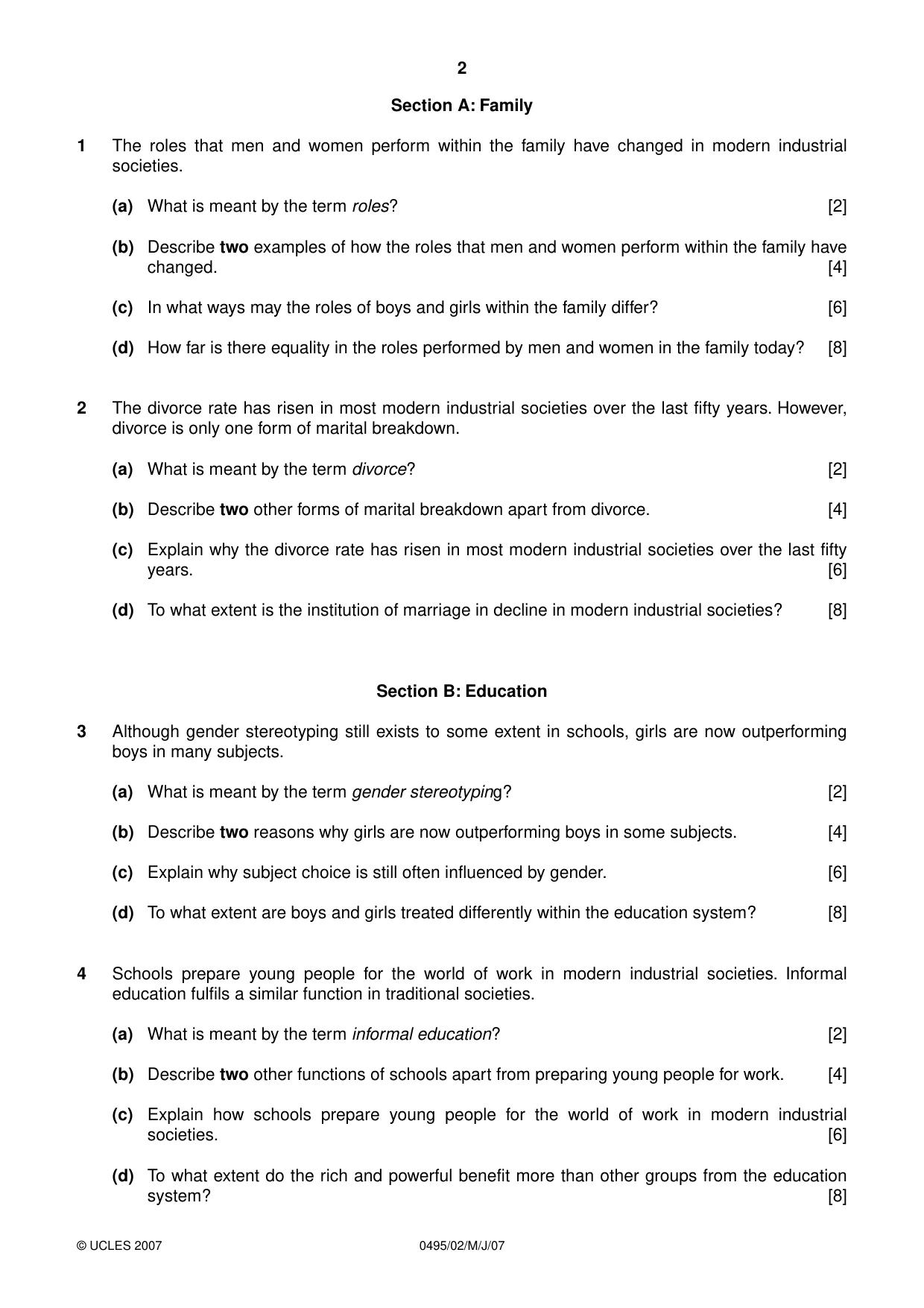Cambridge IGCSE Sociology 0495 2007 May/June Paper 2 · Variant 1 question paper, page 2 of 4