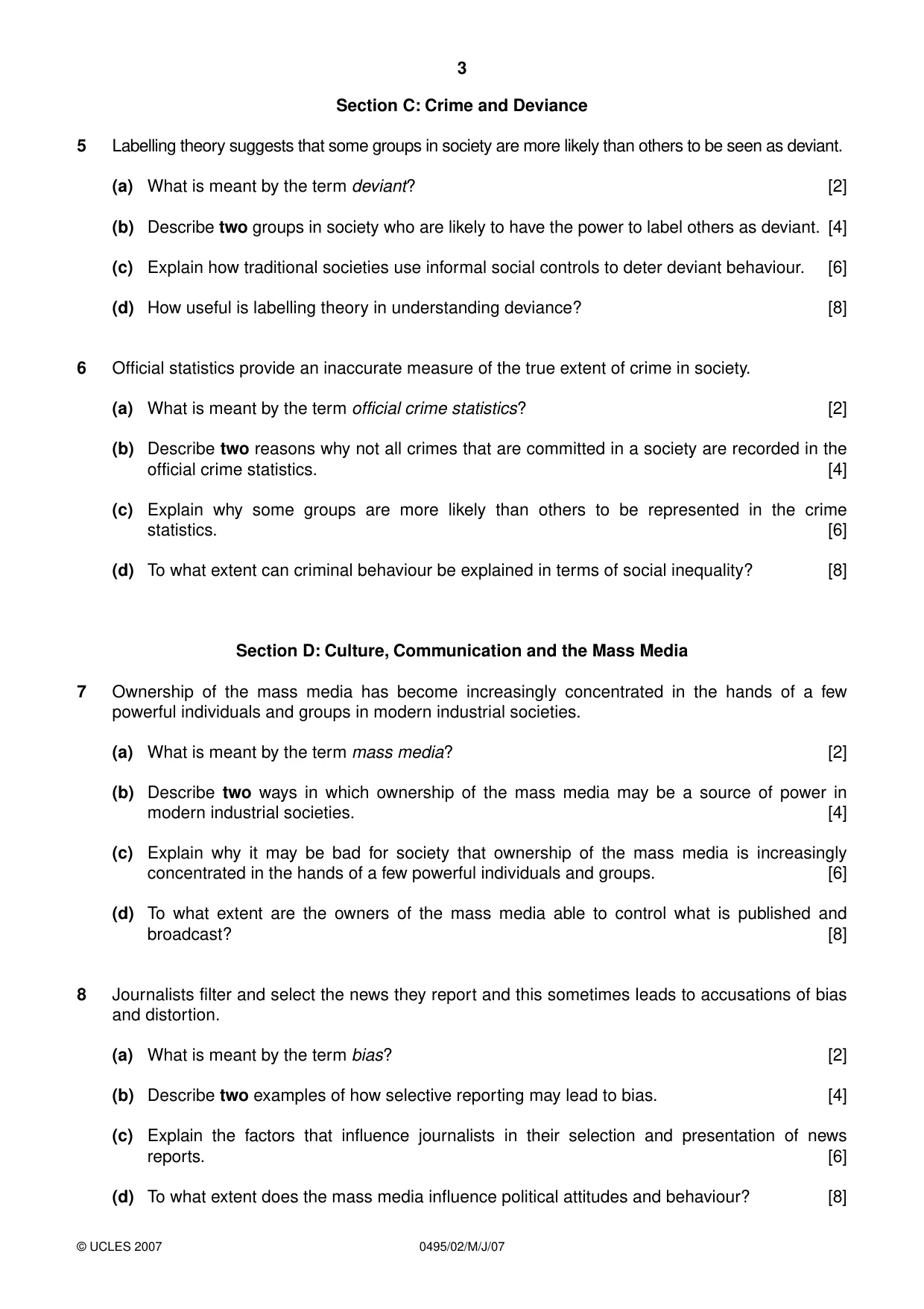 Cambridge IGCSE Sociology 0495 2007 May/June Paper 2 · Variant 1 question paper, page 3 of 4