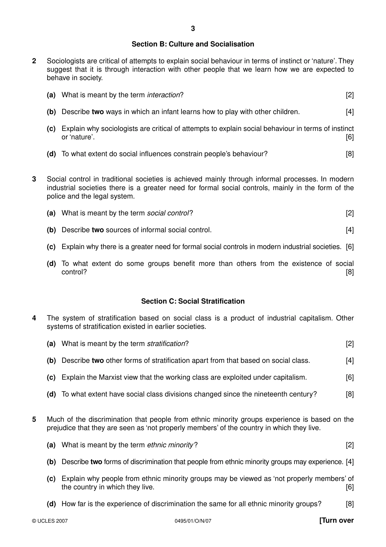 Cambridge IGCSE Sociology 0495 2007 Oct/Nov Paper 1 · Variant 1 question paper, page 3 of 4
