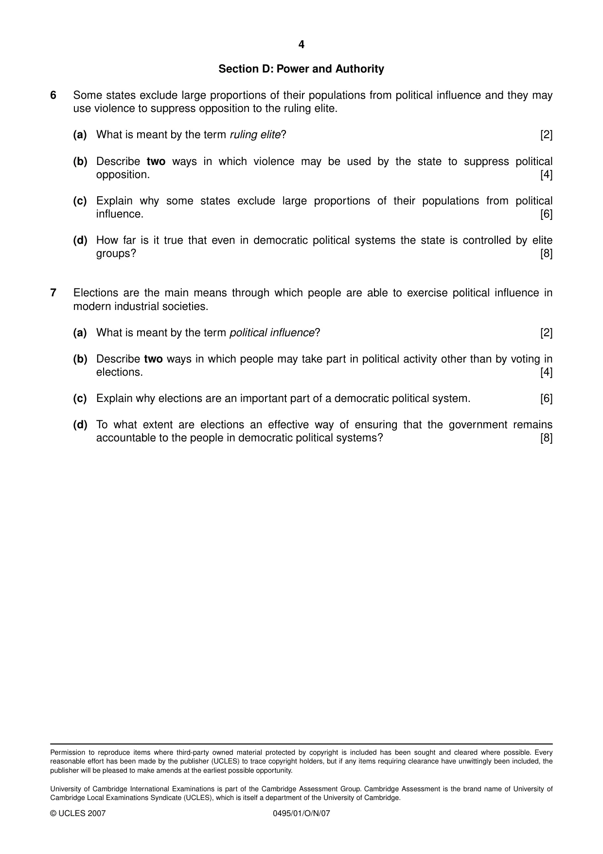Cambridge IGCSE Sociology 0495 2007 Oct/Nov Paper 1 · Variant 1 question paper, page 4 of 4