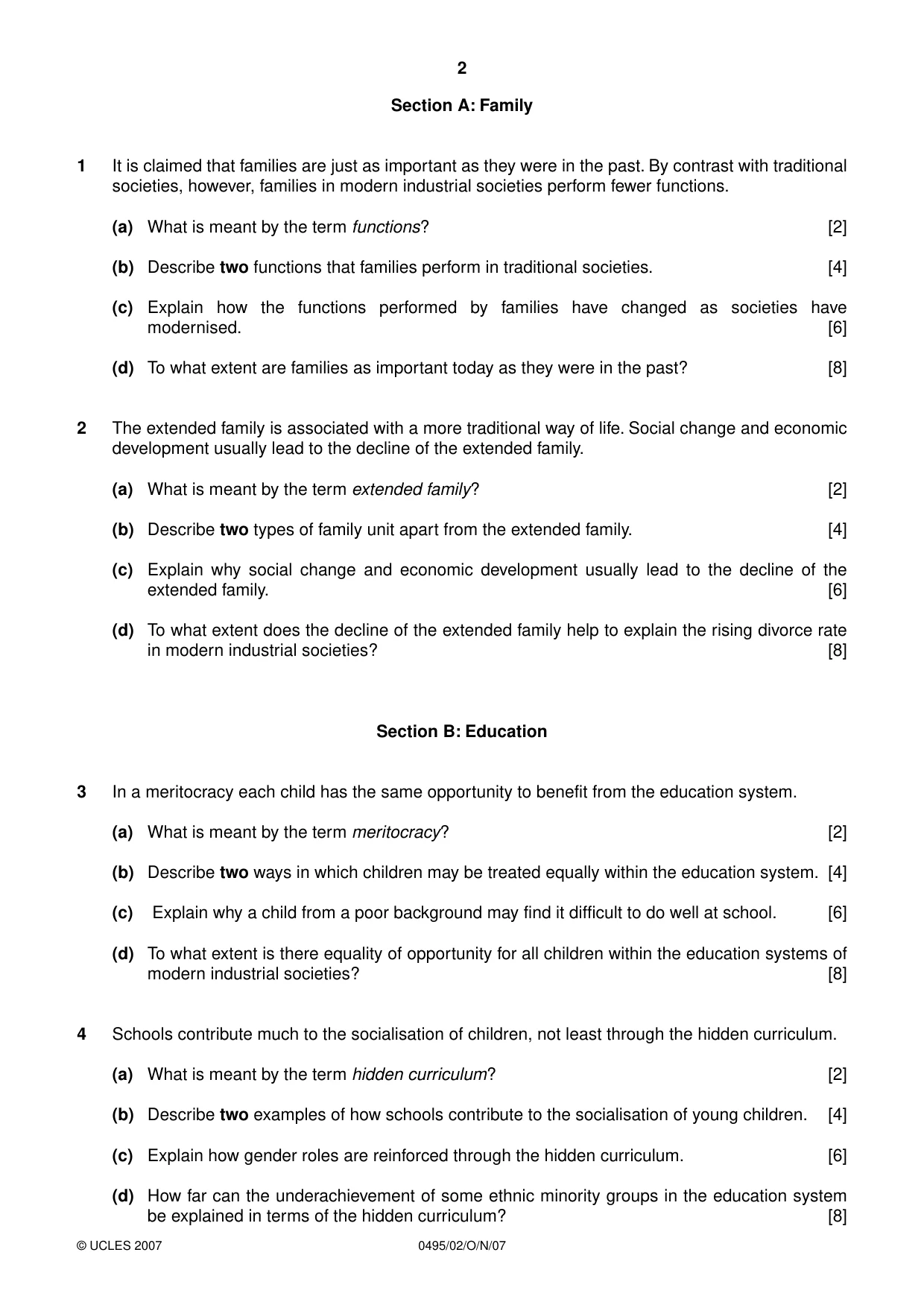 Cambridge IGCSE Sociology 0495 2007 Oct/Nov Paper 2 · Variant 1 question paper, page 2 of 4