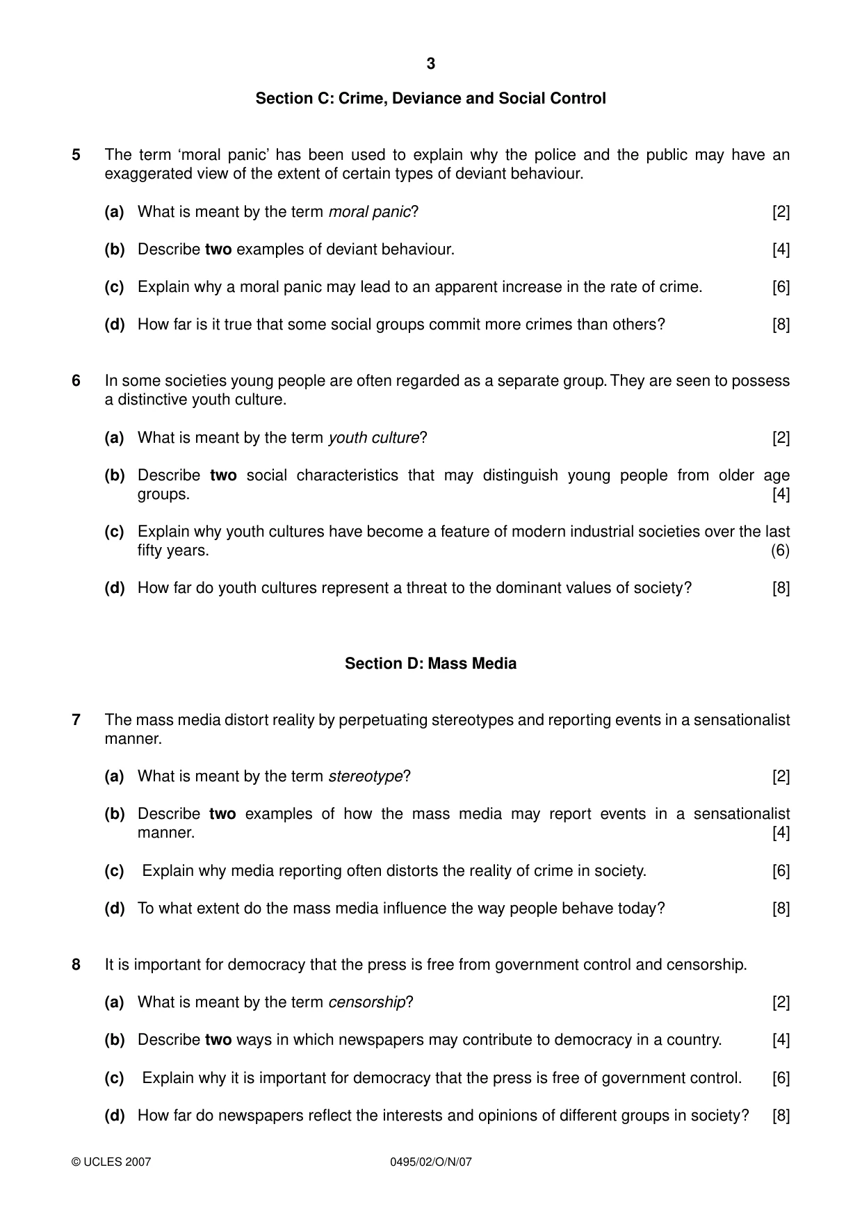 Cambridge IGCSE Sociology 0495 2007 Oct/Nov Paper 2 · Variant 1 question paper, page 3 of 4