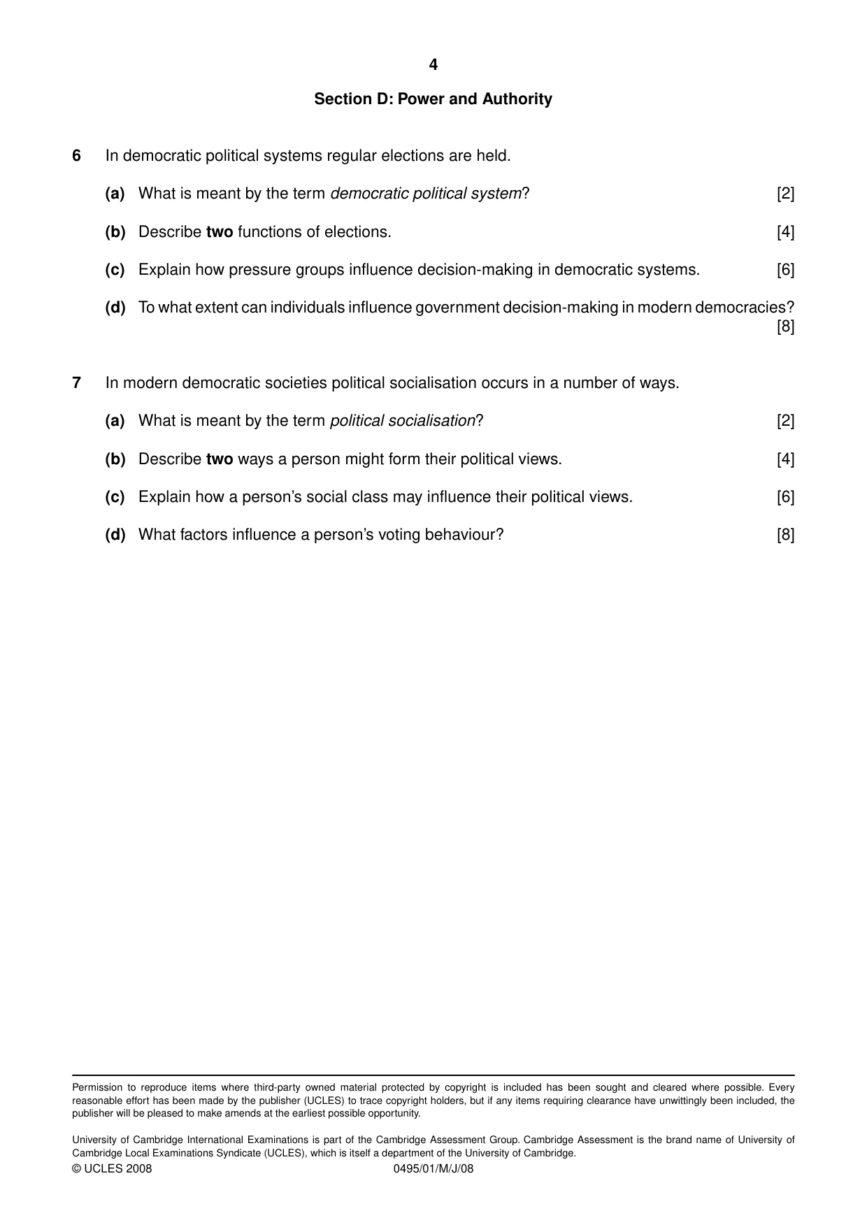 Cambridge IGCSE Sociology 0495 2008 May/June Paper 1 · Variant 1 question paper, page 4 of 4