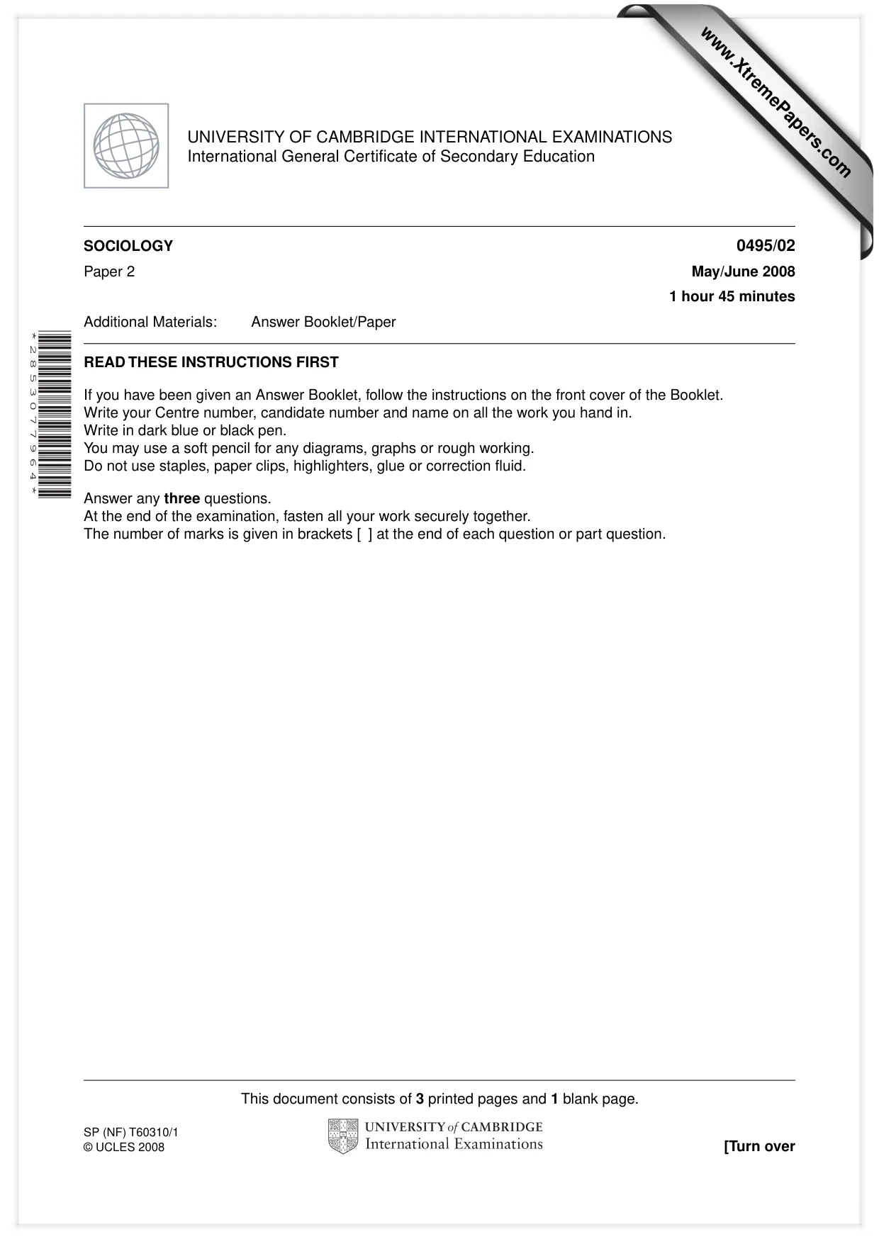 Cambridge IGCSE Sociology 0495 2008 May/June Paper 2 · Variant 1 question paper, page 1 of 4