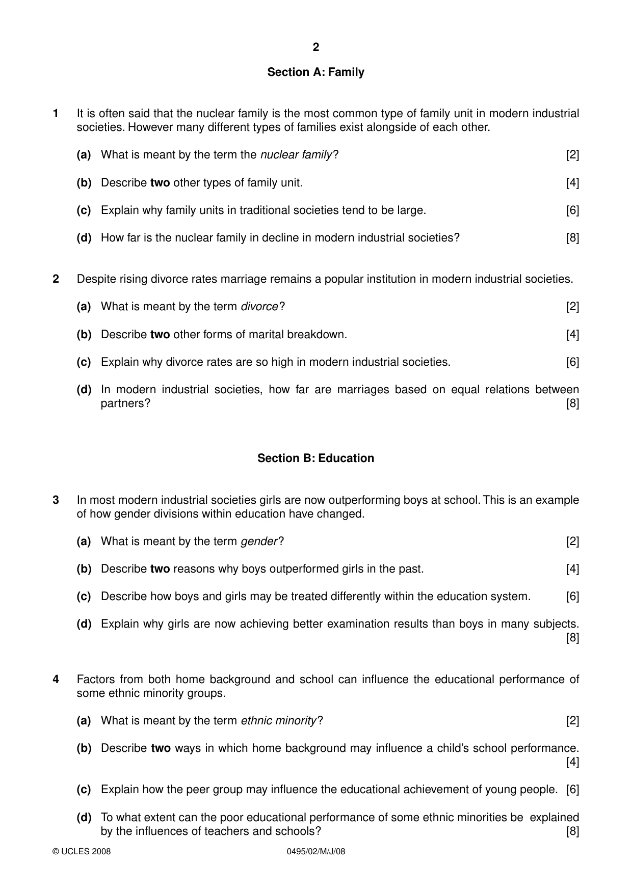 Cambridge IGCSE Sociology 0495 2008 May/June Paper 2 · Variant 1 question paper, page 2 of 4