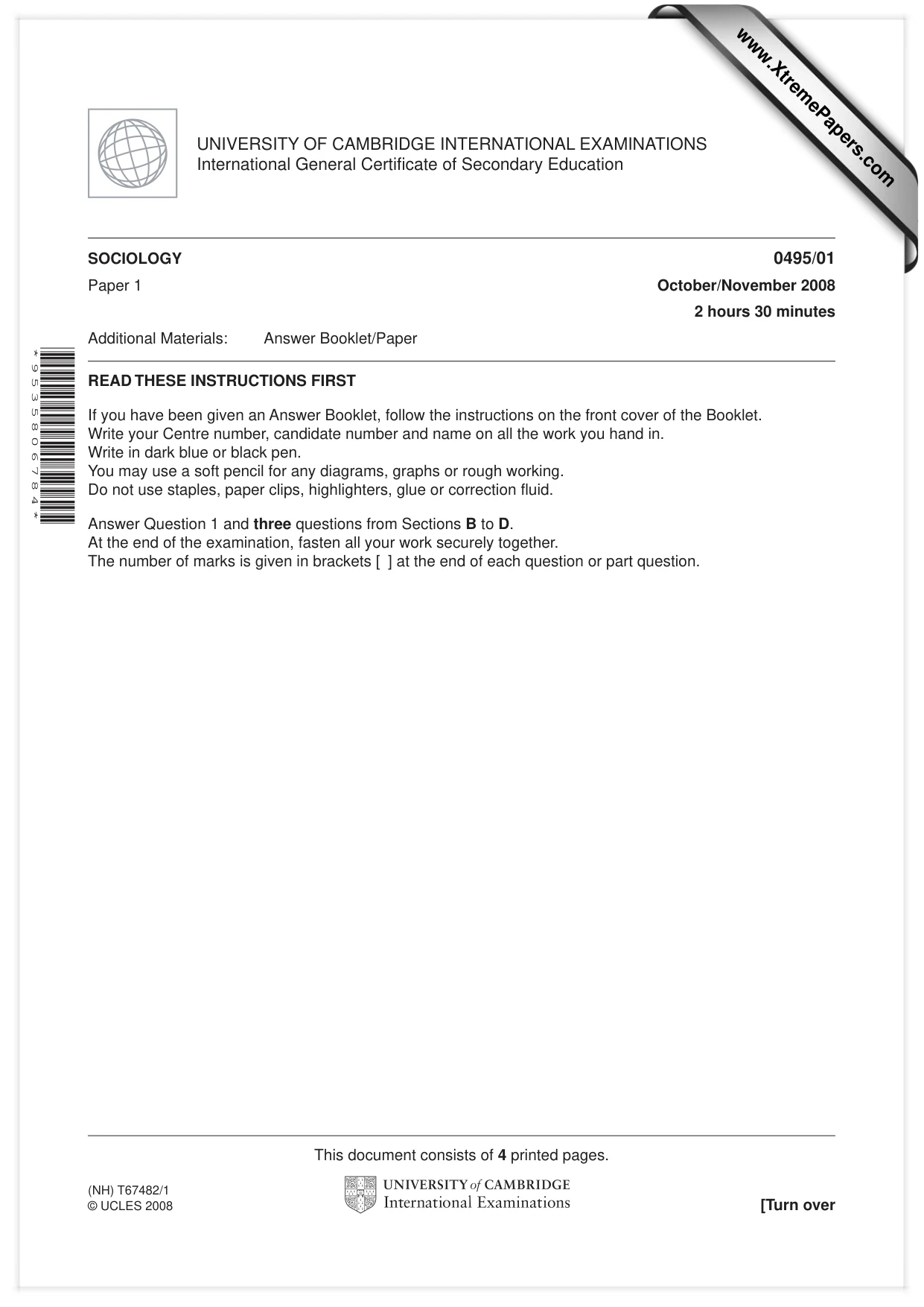 Cambridge IGCSE Sociology 0495 2008 Oct/Nov Paper 1 · Variant 1 question paper, page 1 of 4