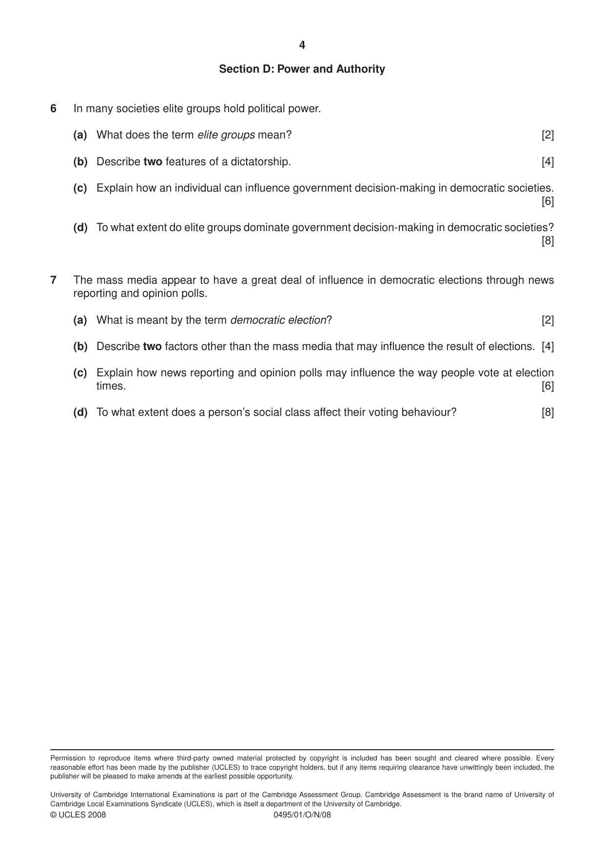 Cambridge IGCSE Sociology 0495 2008 Oct/Nov Paper 1 · Variant 1 question paper, page 4 of 4