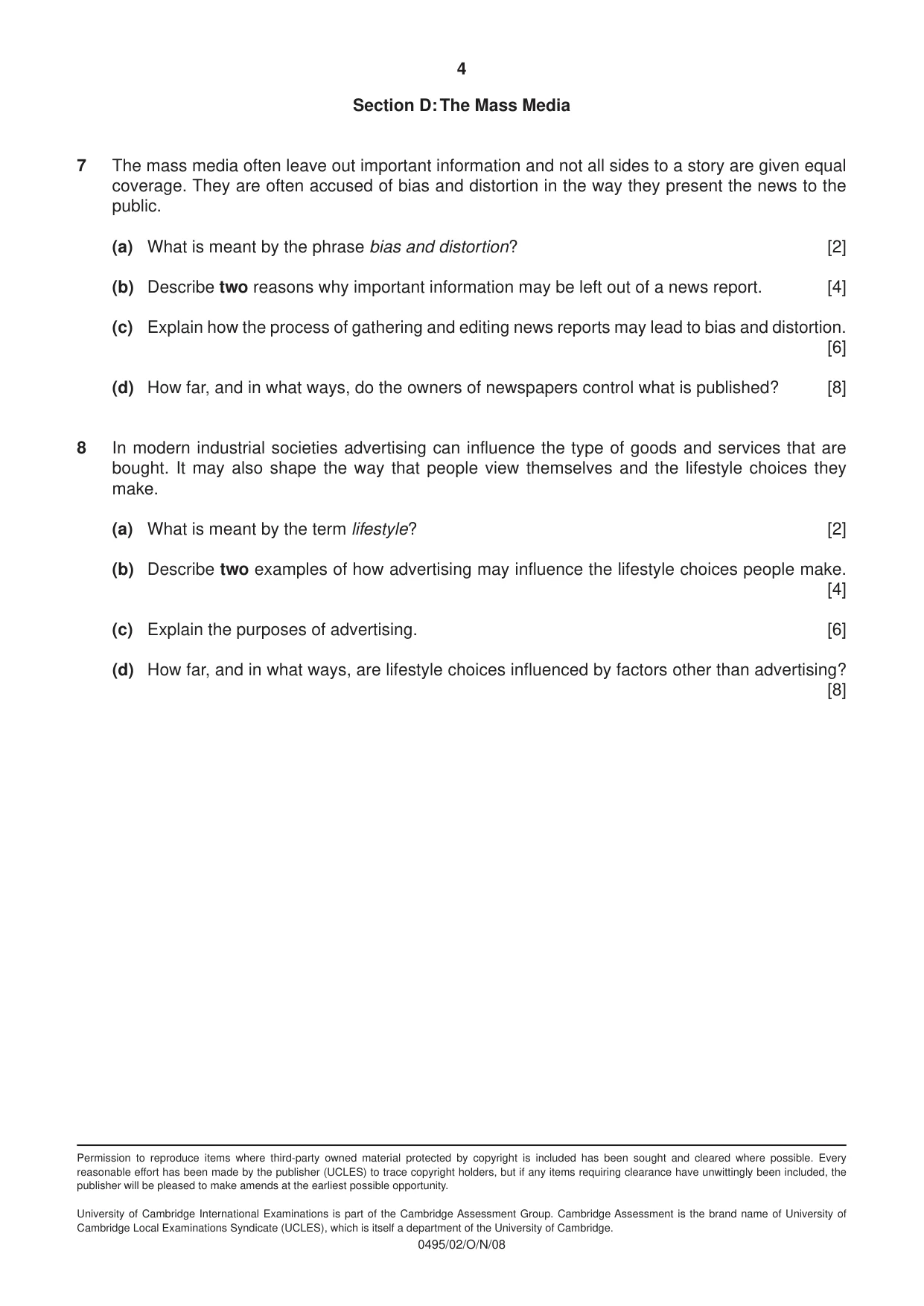 Cambridge IGCSE Sociology 0495 2008 Oct/Nov Paper 2 · Variant 1 question paper, page 4 of 4