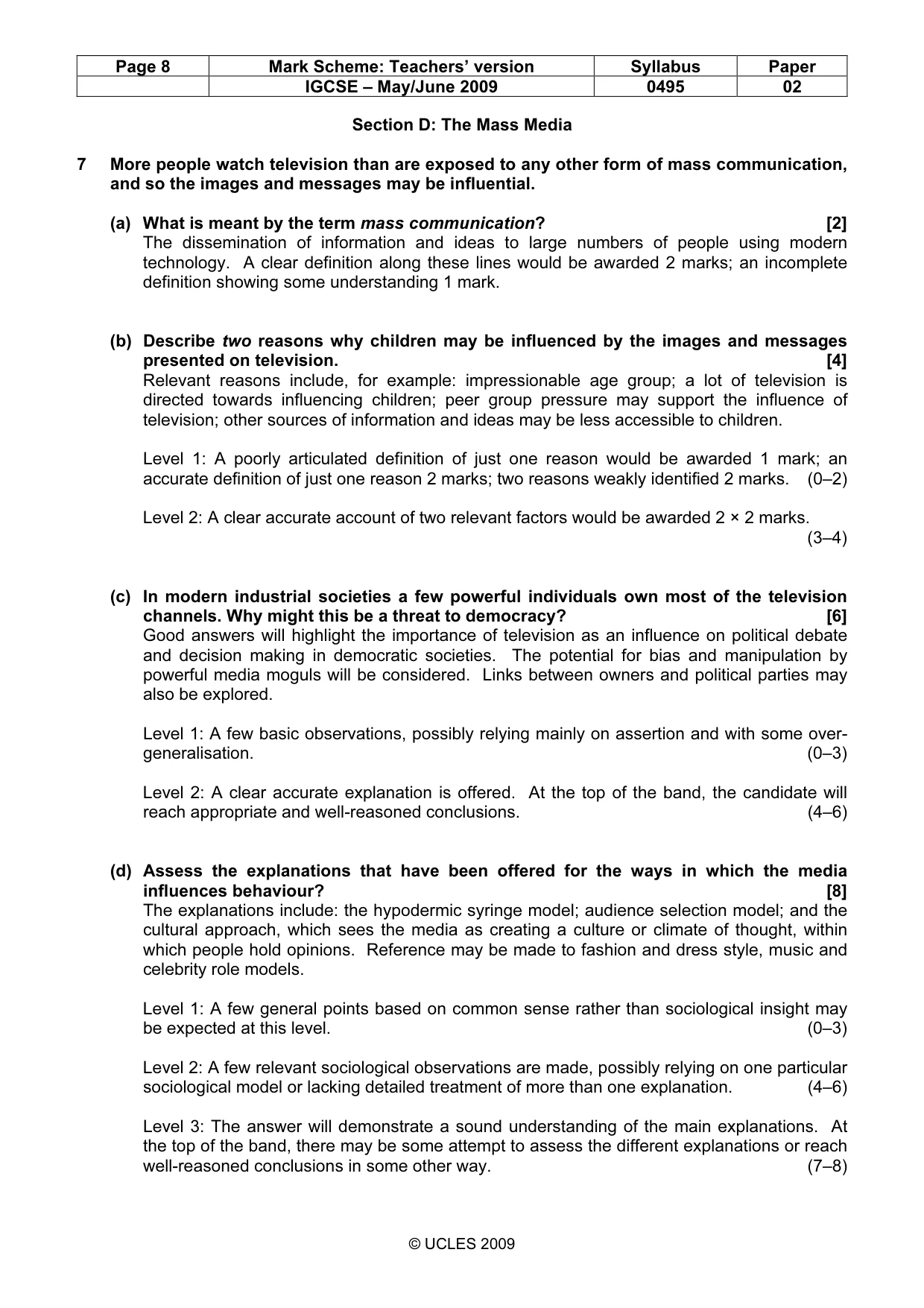 Mark scheme, page 8 of 9