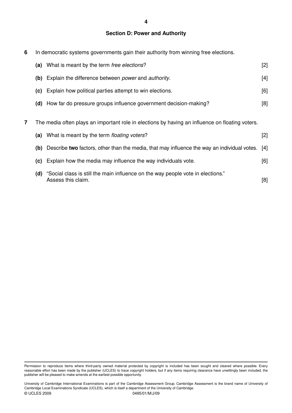 Cambridge IGCSE Sociology 0495 2009 May/June Paper 1 · Variant 1 question paper, page 4 of 4