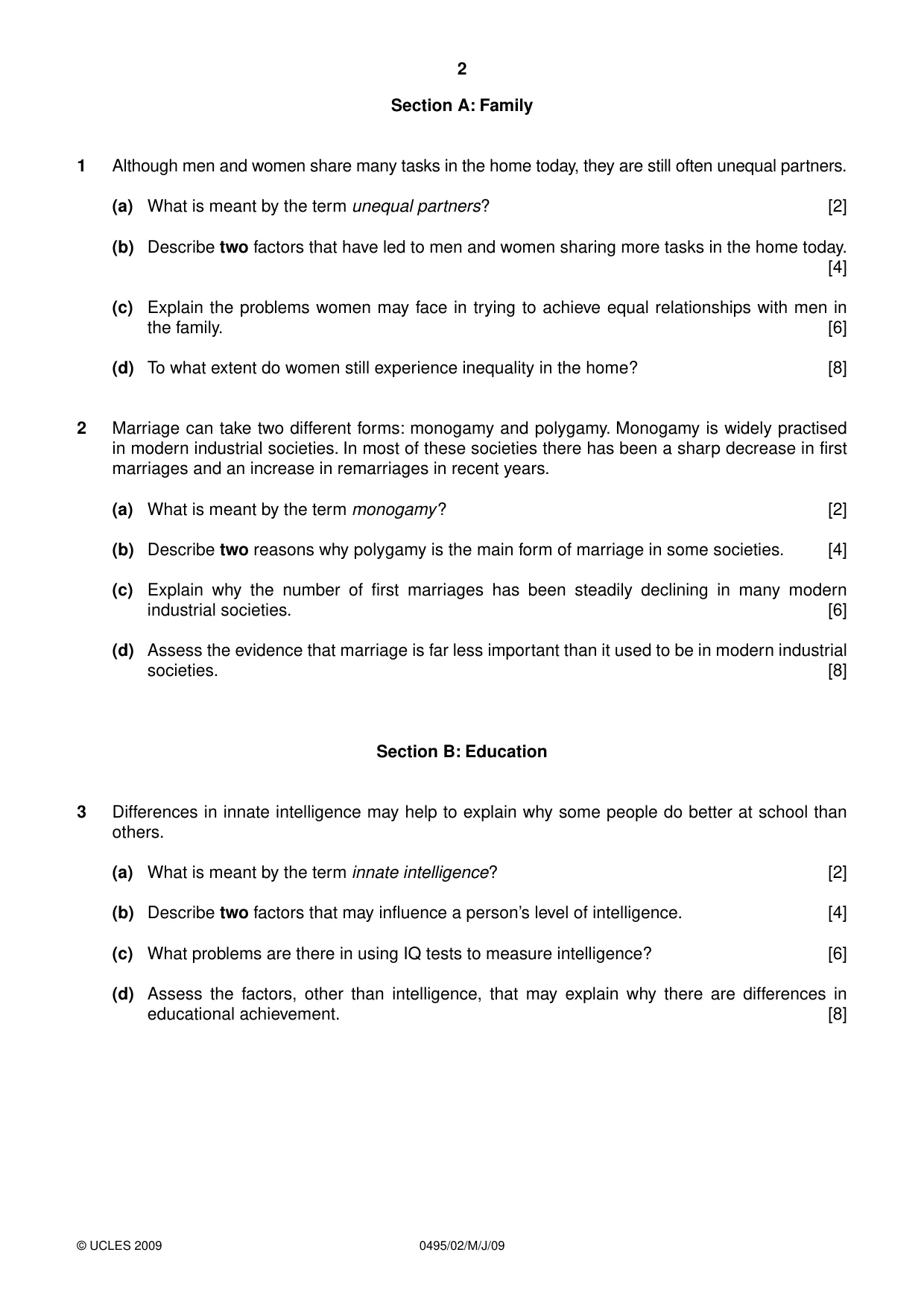 Cambridge IGCSE Sociology 0495 2009 May/June Paper 2 · Variant 1 question paper, page 2 of 4