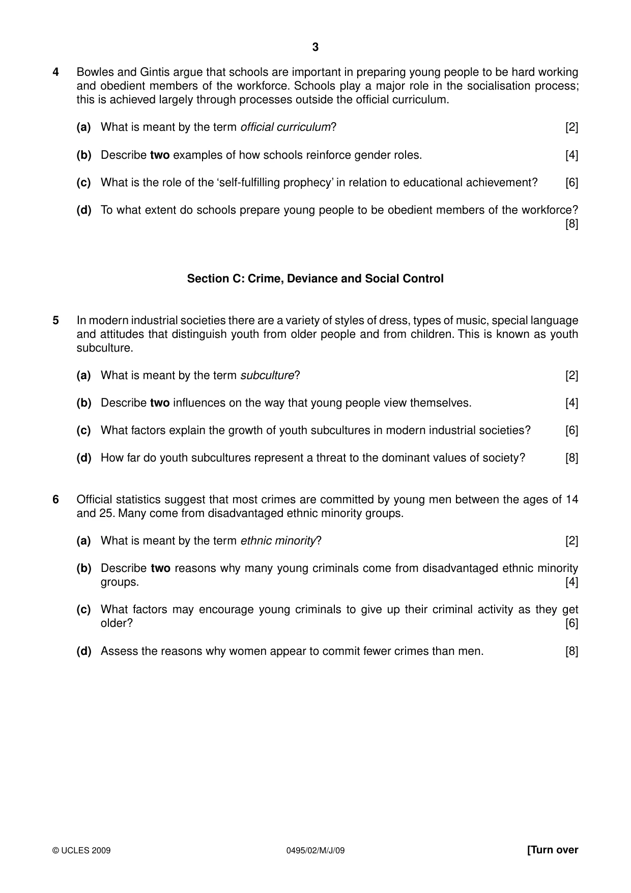 Cambridge IGCSE Sociology 0495 2009 May/June Paper 2 · Variant 1 question paper, page 3 of 4