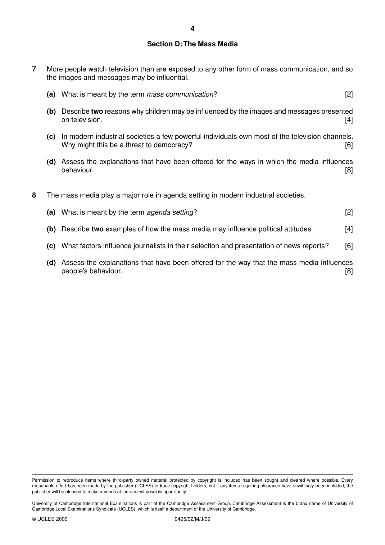 Cambridge IGCSE Sociology 0495 2009 May/June Paper 2 · Variant 1 question paper, page 4 of 4