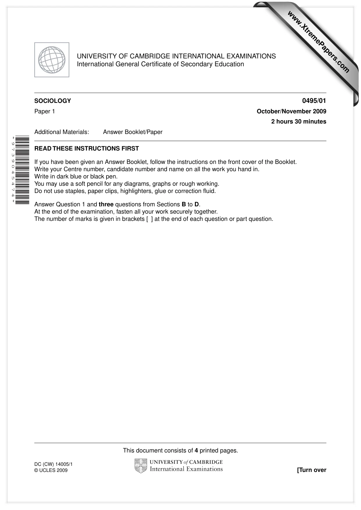 Cambridge IGCSE Sociology 0495 2009 Oct/Nov Paper 1 · Variant 1 question paper, page 1 of 4