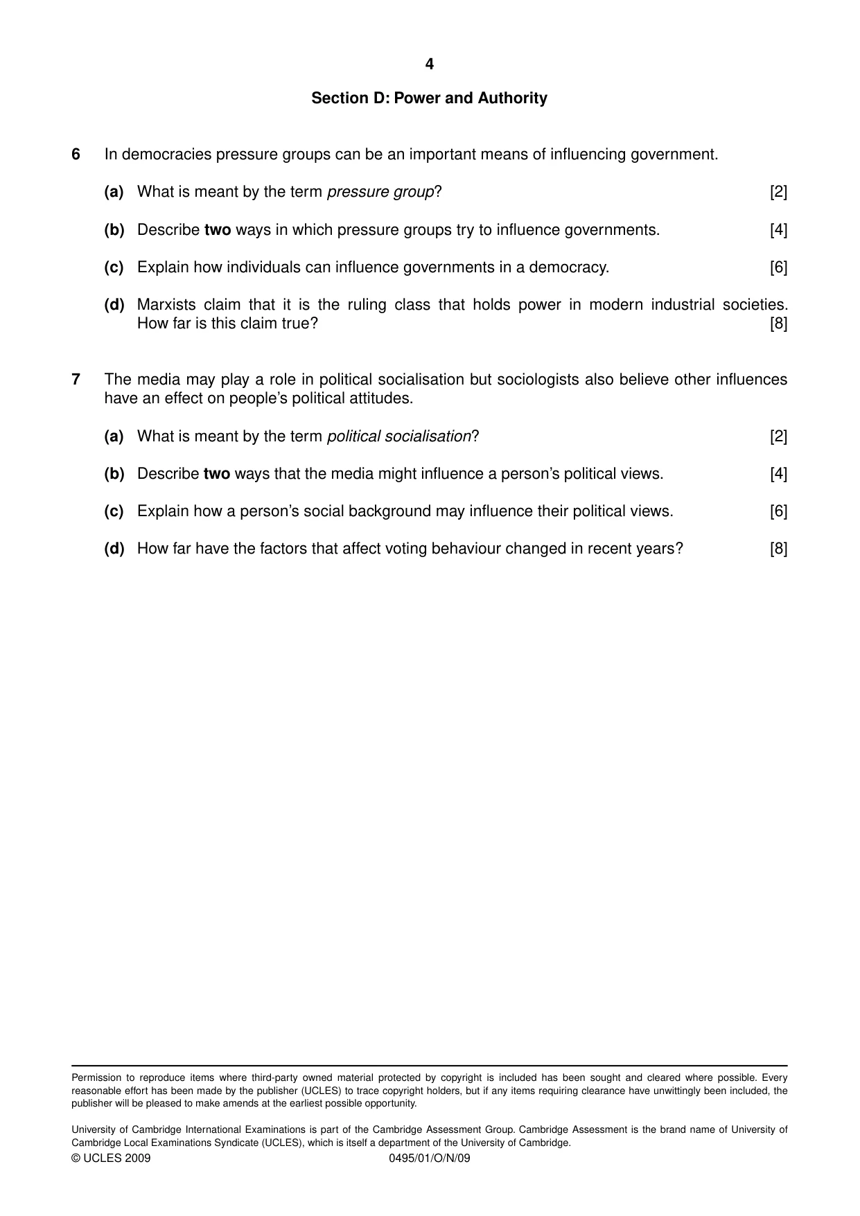 Cambridge IGCSE Sociology 0495 2009 Oct/Nov Paper 1 · Variant 1 question paper, page 4 of 4