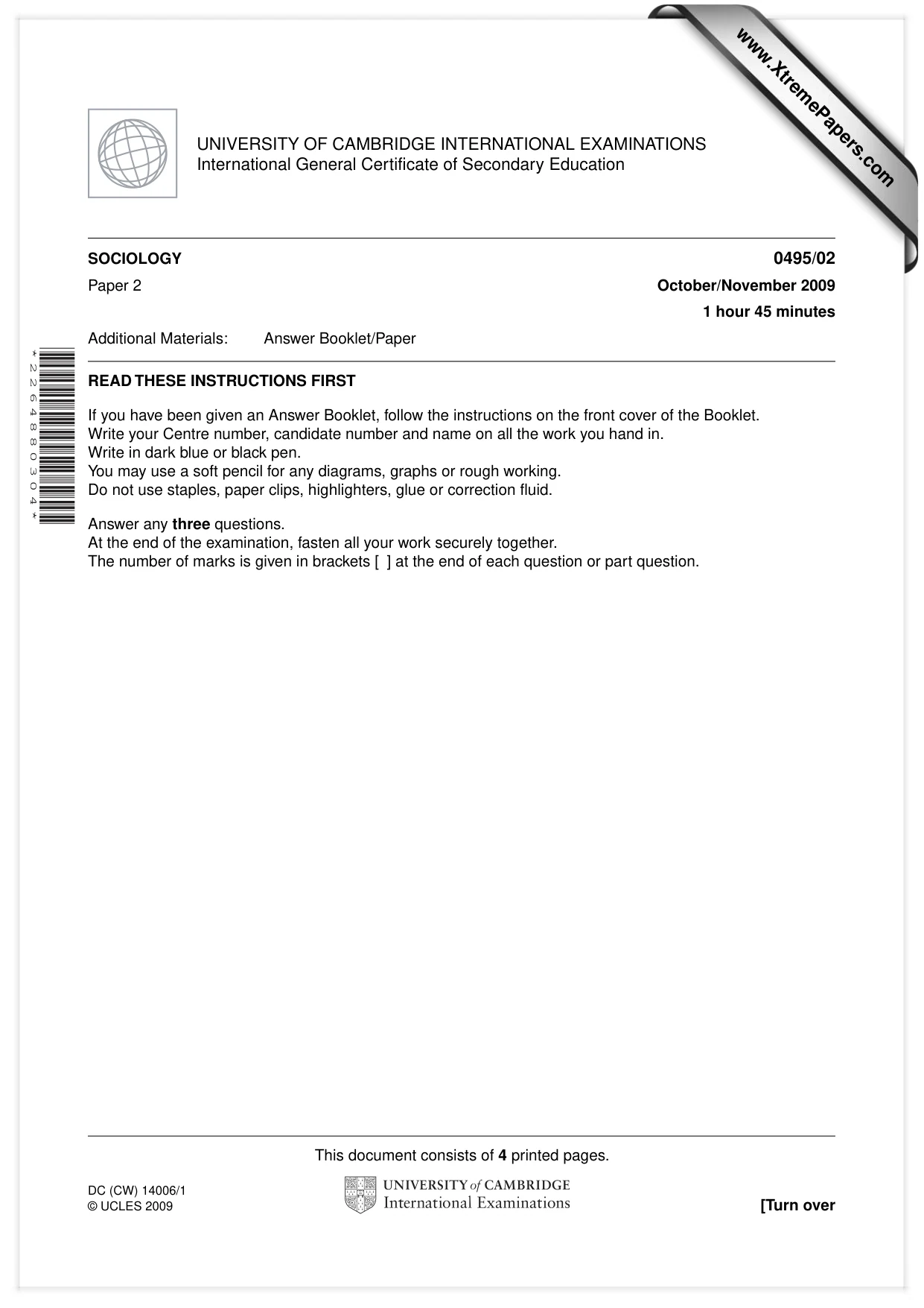 Cambridge IGCSE Sociology 0495 2009 Oct/Nov Paper 2 · Variant 1 question paper, page 1 of 4