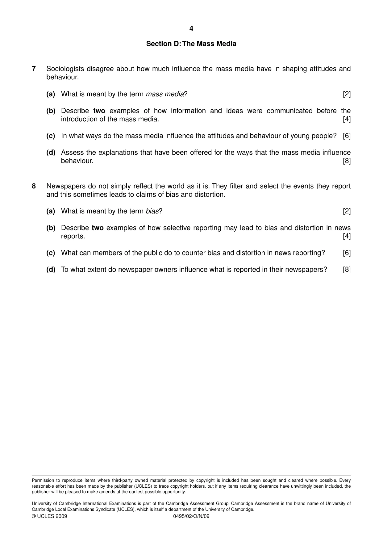 Cambridge IGCSE Sociology 0495 2009 Oct/Nov Paper 2 · Variant 1 question paper, page 4 of 4