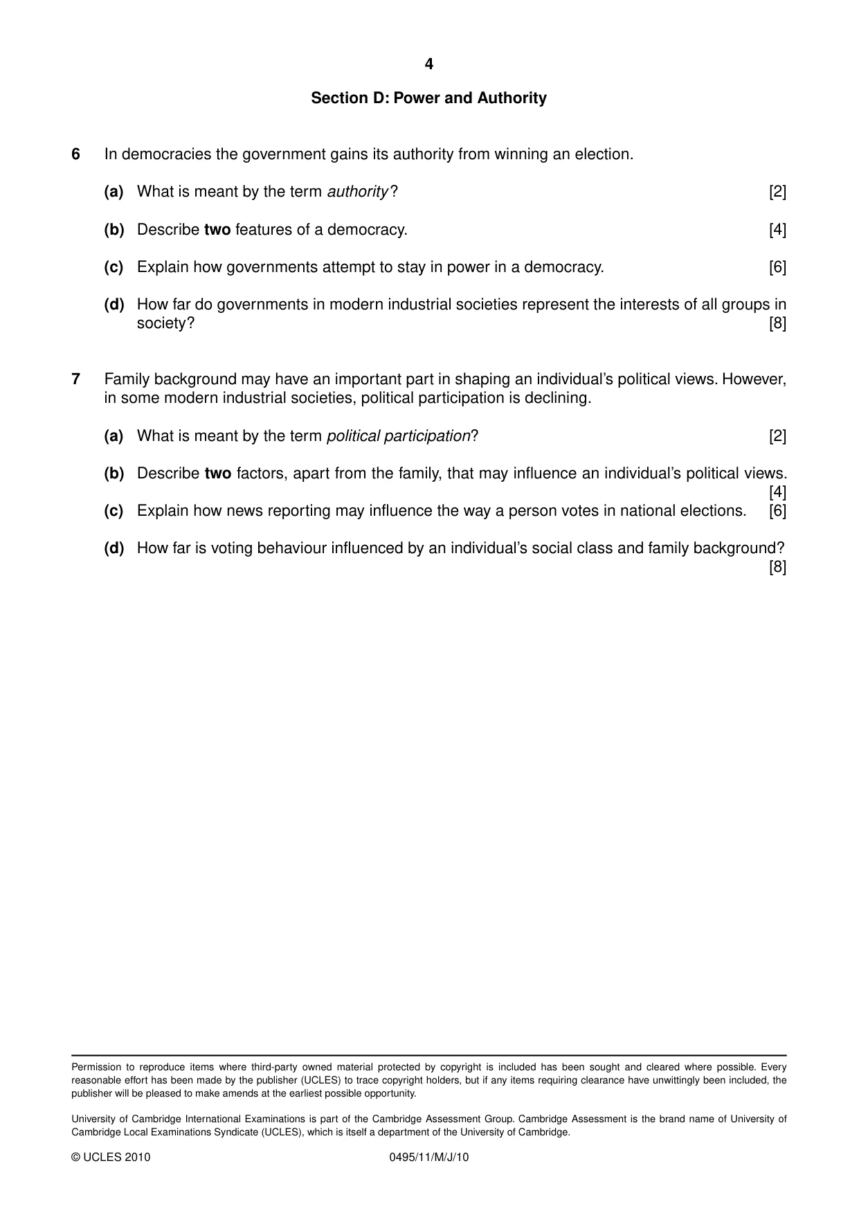 Cambridge IGCSE Sociology 0495 2010 May/June Paper 1 · Variant 1 question paper, page 4 of 4