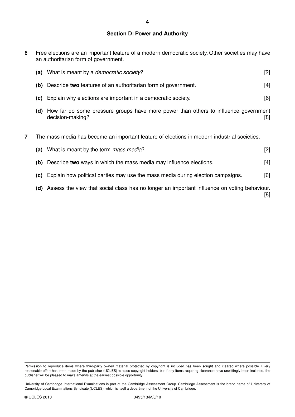 Cambridge IGCSE Sociology 0495 2010 May/June Paper 1 · Variant 3 question paper, page 4 of 4