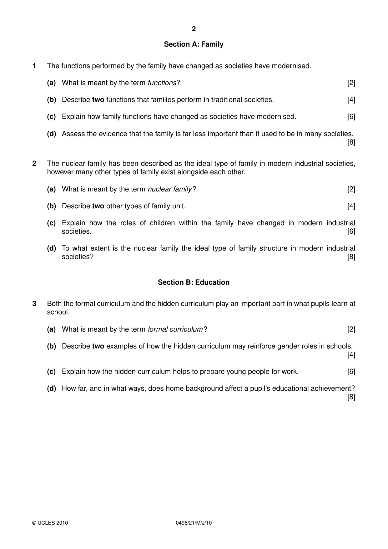Cambridge IGCSE Sociology 0495 2010 May/June Paper 2 · Variant 1 question paper, page 2 of 4