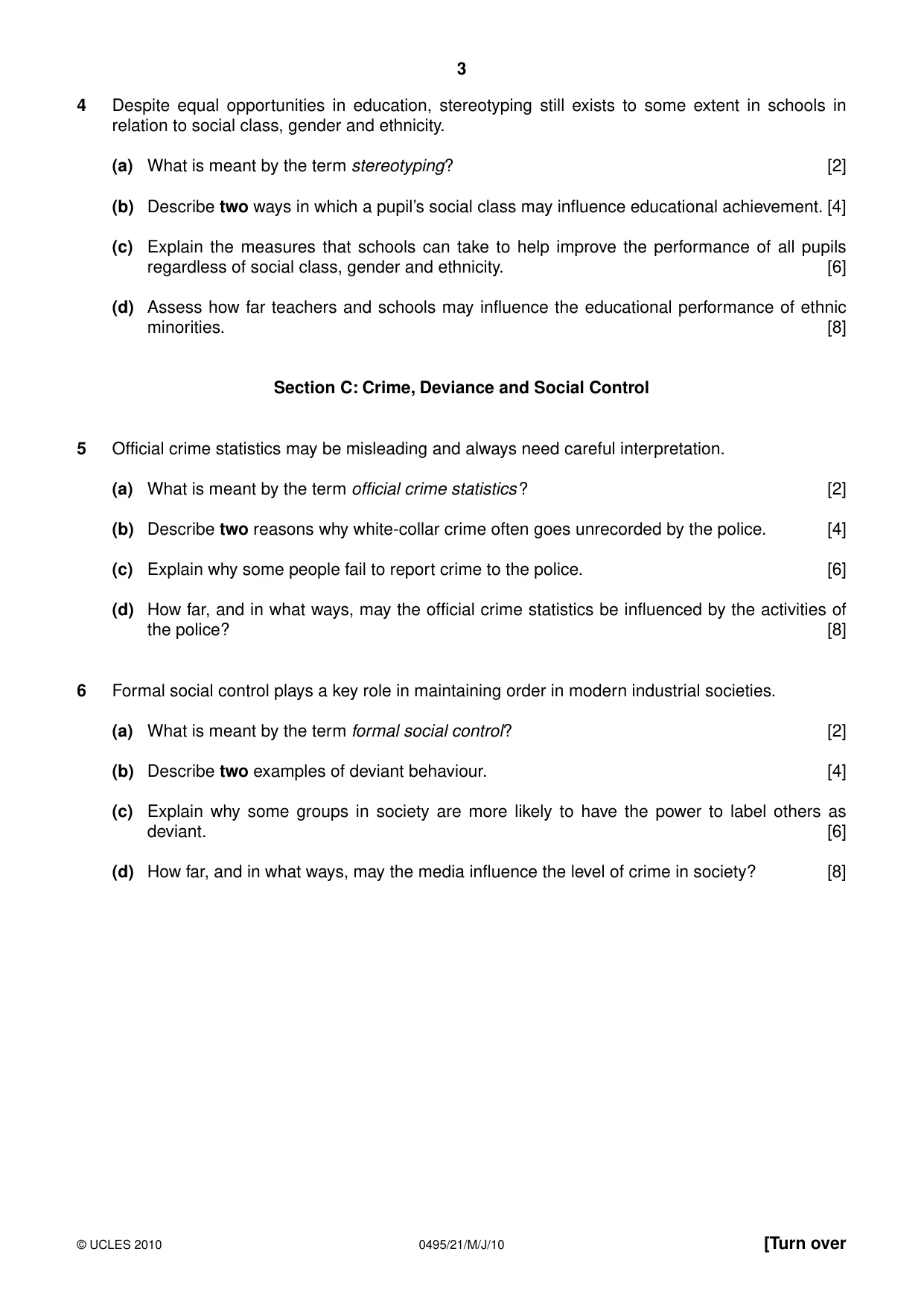 Cambridge IGCSE Sociology 0495 2010 May/June Paper 2 · Variant 1 question paper, page 3 of 4