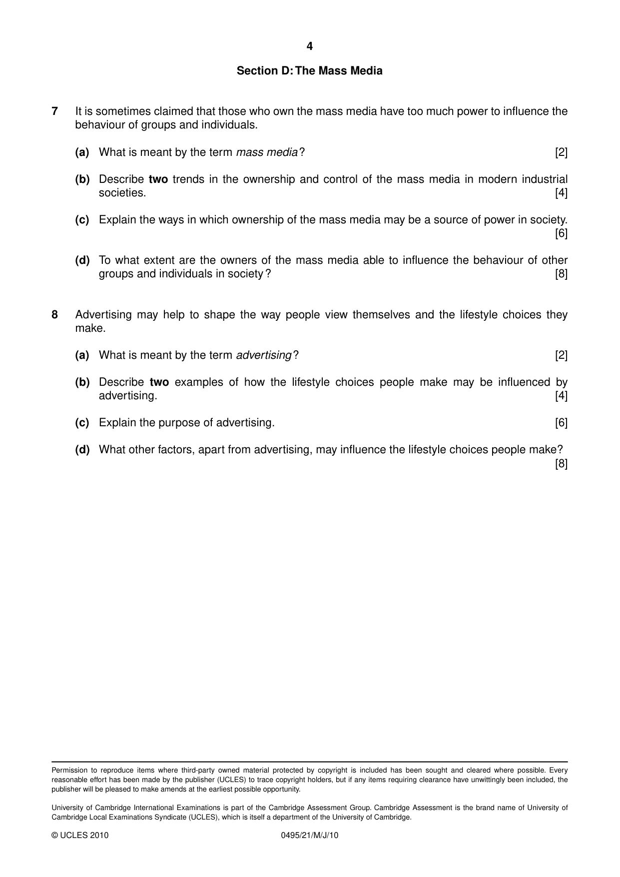 Cambridge IGCSE Sociology 0495 2010 May/June Paper 2 · Variant 1 question paper, page 4 of 4