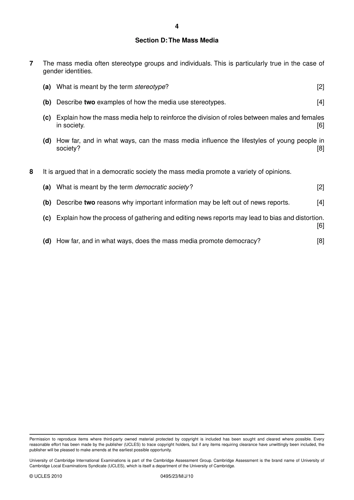 Cambridge IGCSE Sociology 0495 2010 May/June Paper 2 · Variant 3 question paper, page 4 of 4