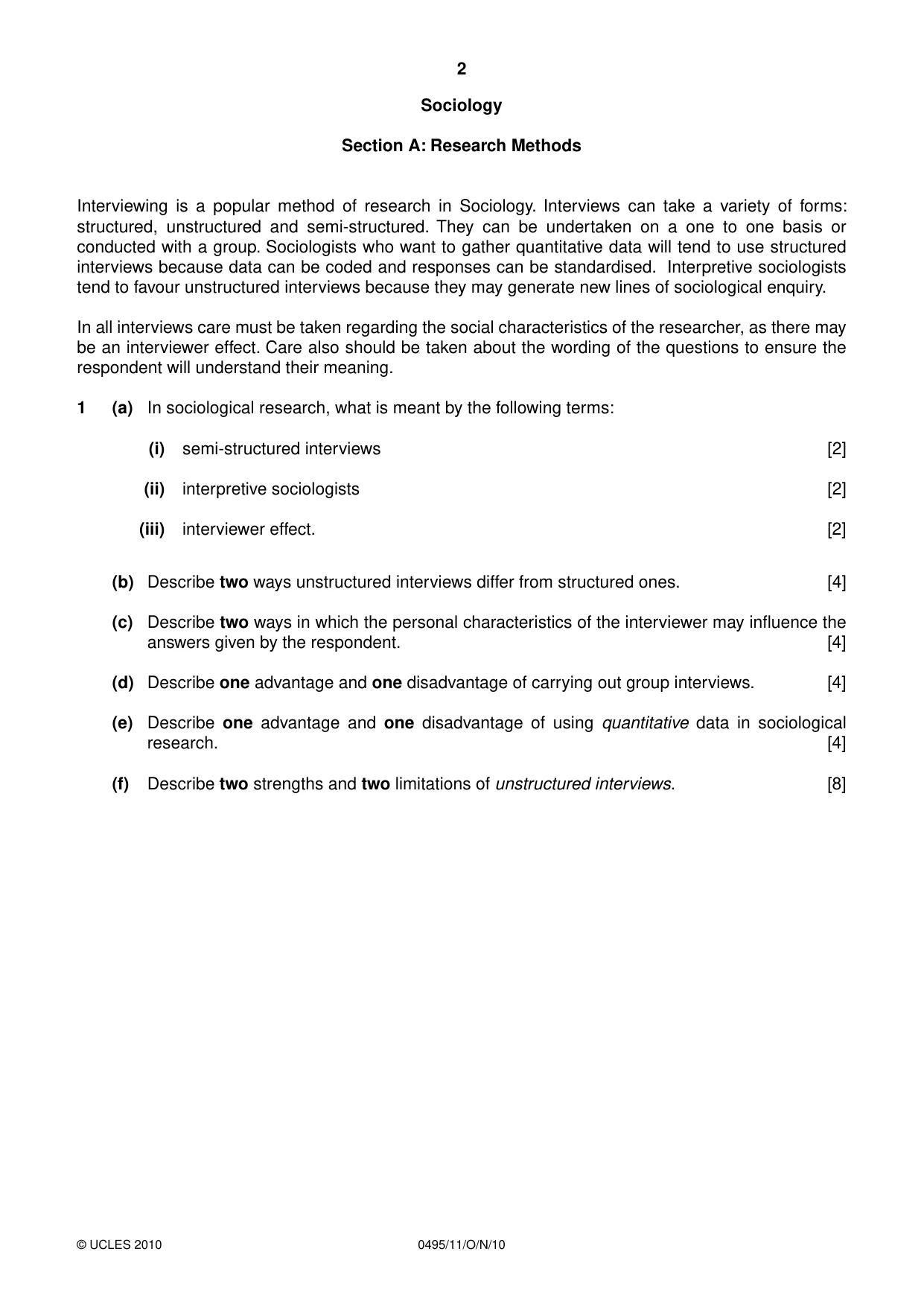 Cambridge IGCSE Sociology 0495 2010 Oct/Nov Paper 1 · Variant 1 question paper, page 2 of 4