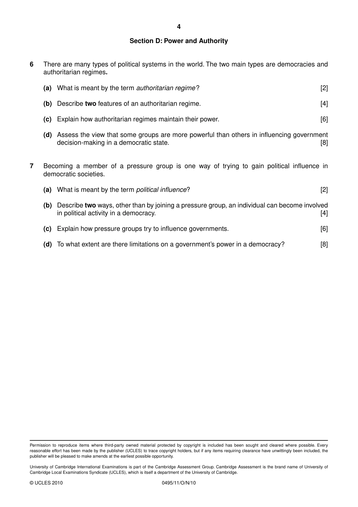 Cambridge IGCSE Sociology 0495 2010 Oct/Nov Paper 1 · Variant 1 question paper, page 4 of 4