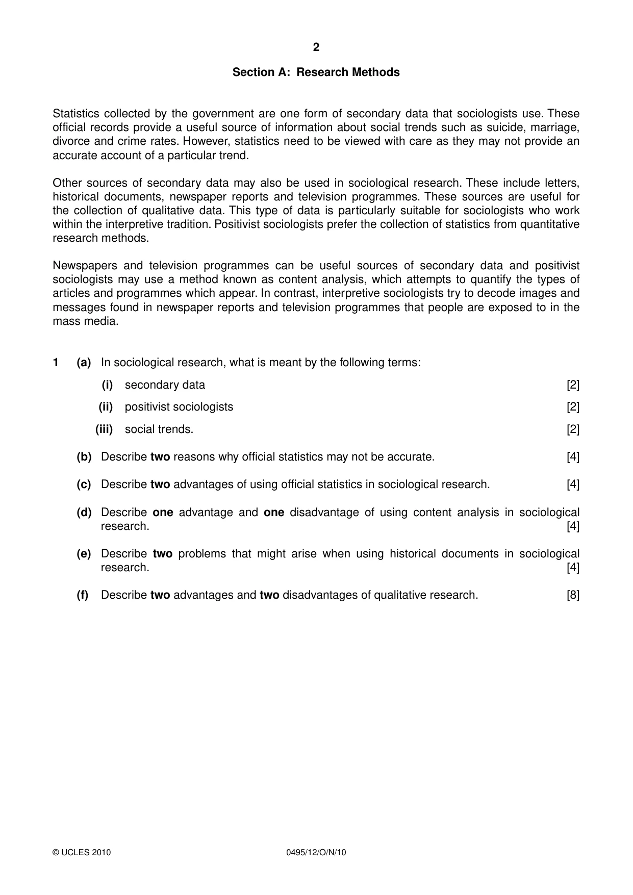 Cambridge IGCSE Sociology 0495 2010 Oct/Nov Paper 1 · Variant 2 question paper, page 2 of 4
