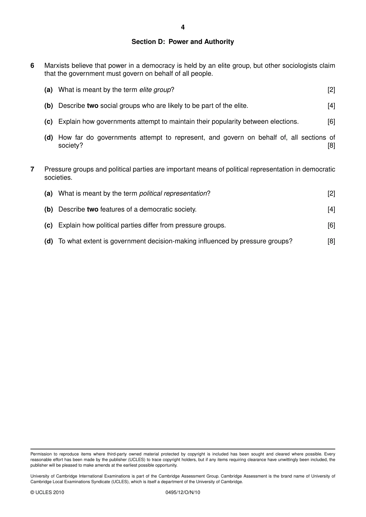 Cambridge IGCSE Sociology 0495 2010 Oct/Nov Paper 1 · Variant 2 question paper, page 4 of 4